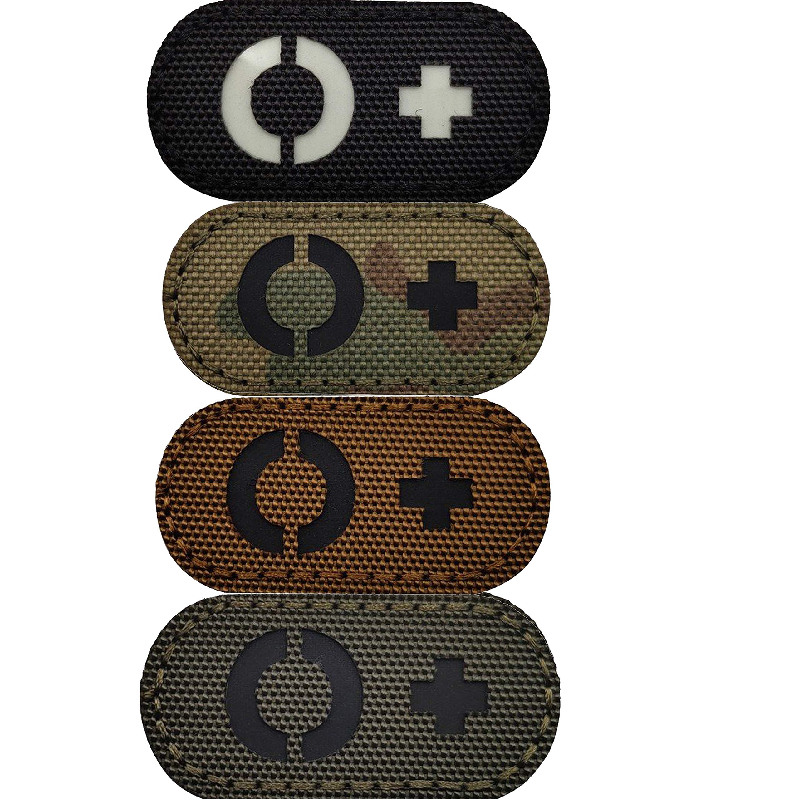 4 Pack Glow Dark Blood Type O Positive POS Reflective Patches, Emblem Tactical Military Badges with Hook Loop Fastener Backing
