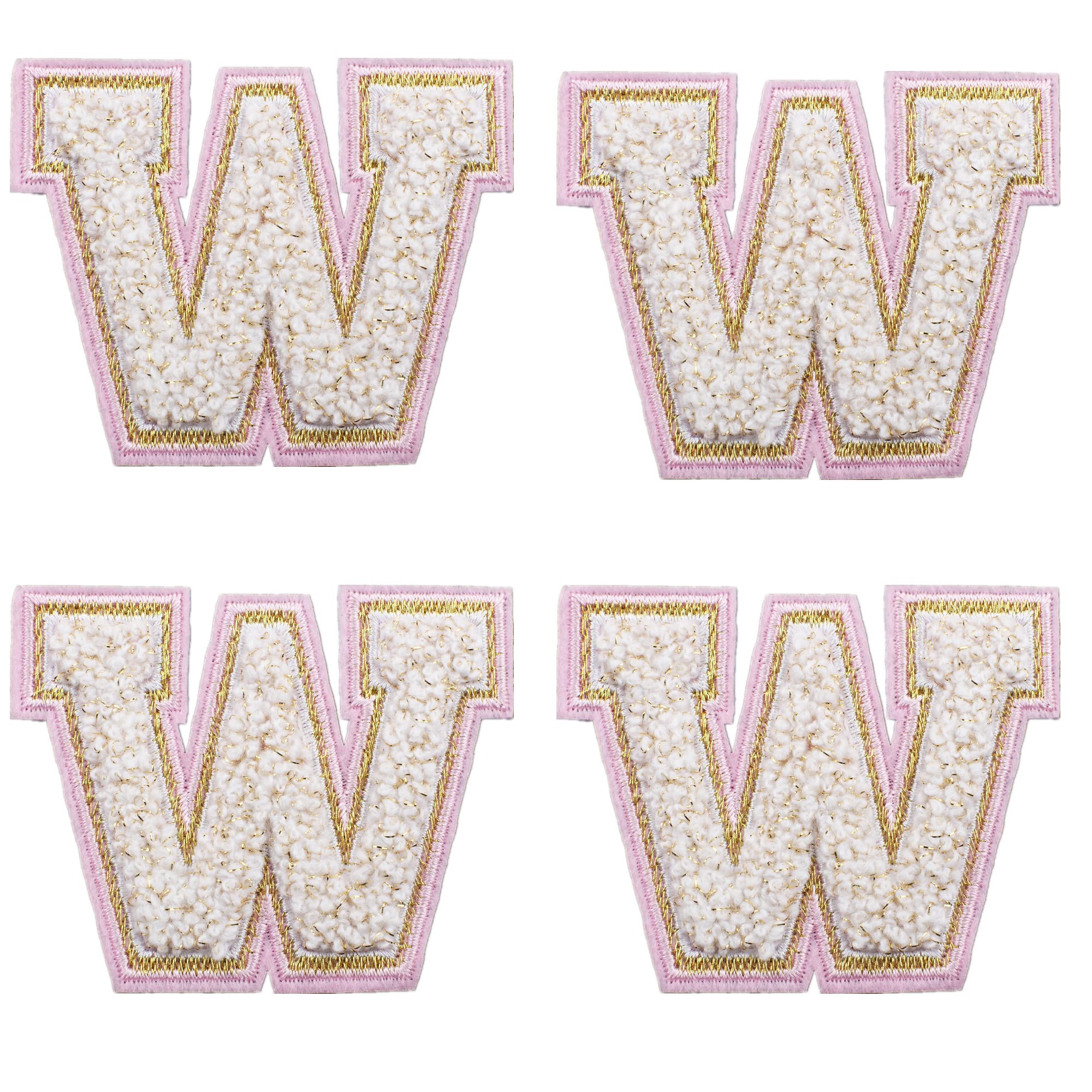 4 Pieces Iron on Chenille Letters Patches, Pink and White Varsity Letter Patch - Alphabet Cute Adhesive Embroidered Appliques Gold Glitter Trimmed Sew On Patch for Clothing Clothes Repair Decor Craft