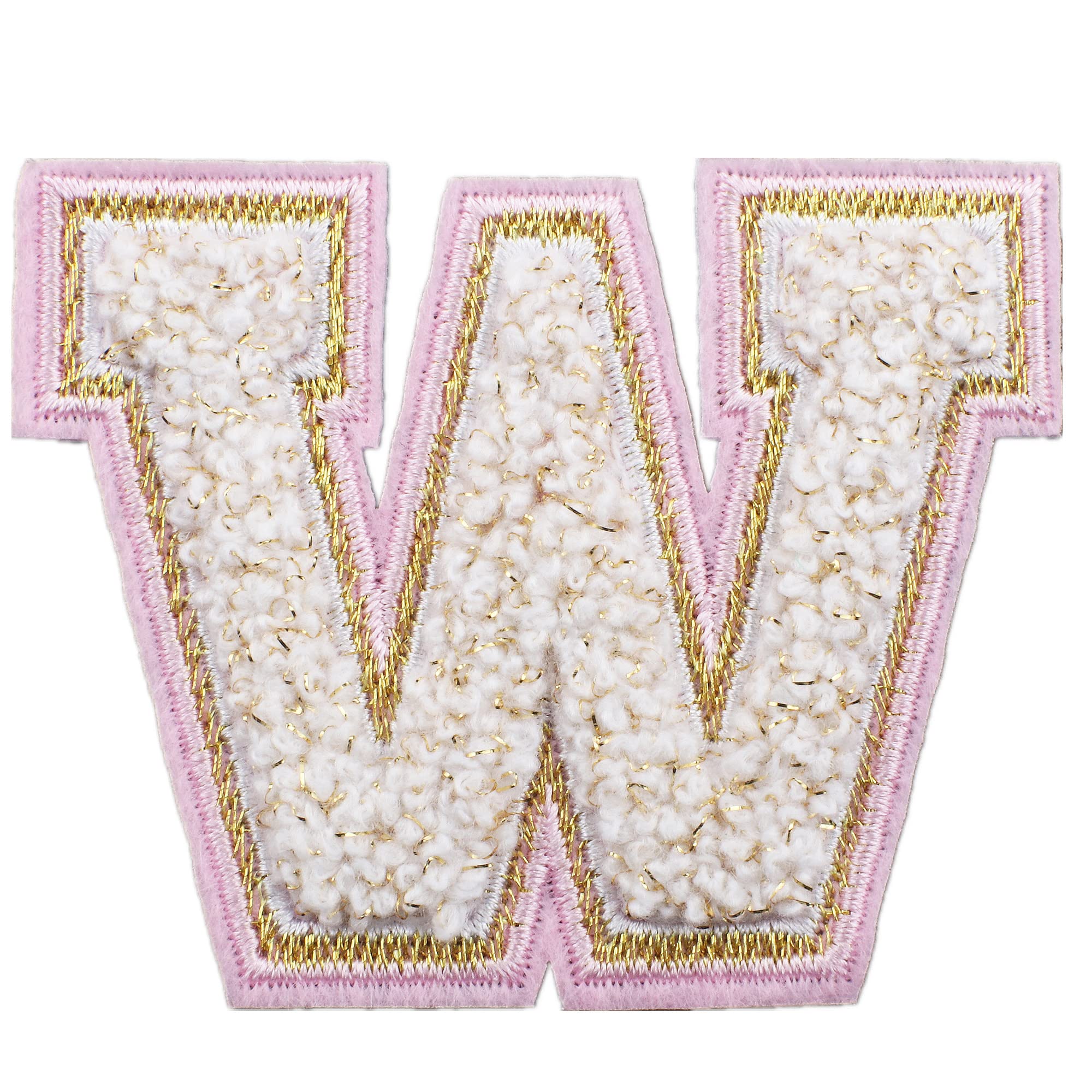 4 Pieces Iron on Chenille Letters Patches, Pink and White Varsity Letter Patch - Alphabet Cute Adhesive Embroidered Appliques Gold Glitter Trimmed Sew On Patch for Clothing Clothes Repair Decor Craft - Image 2