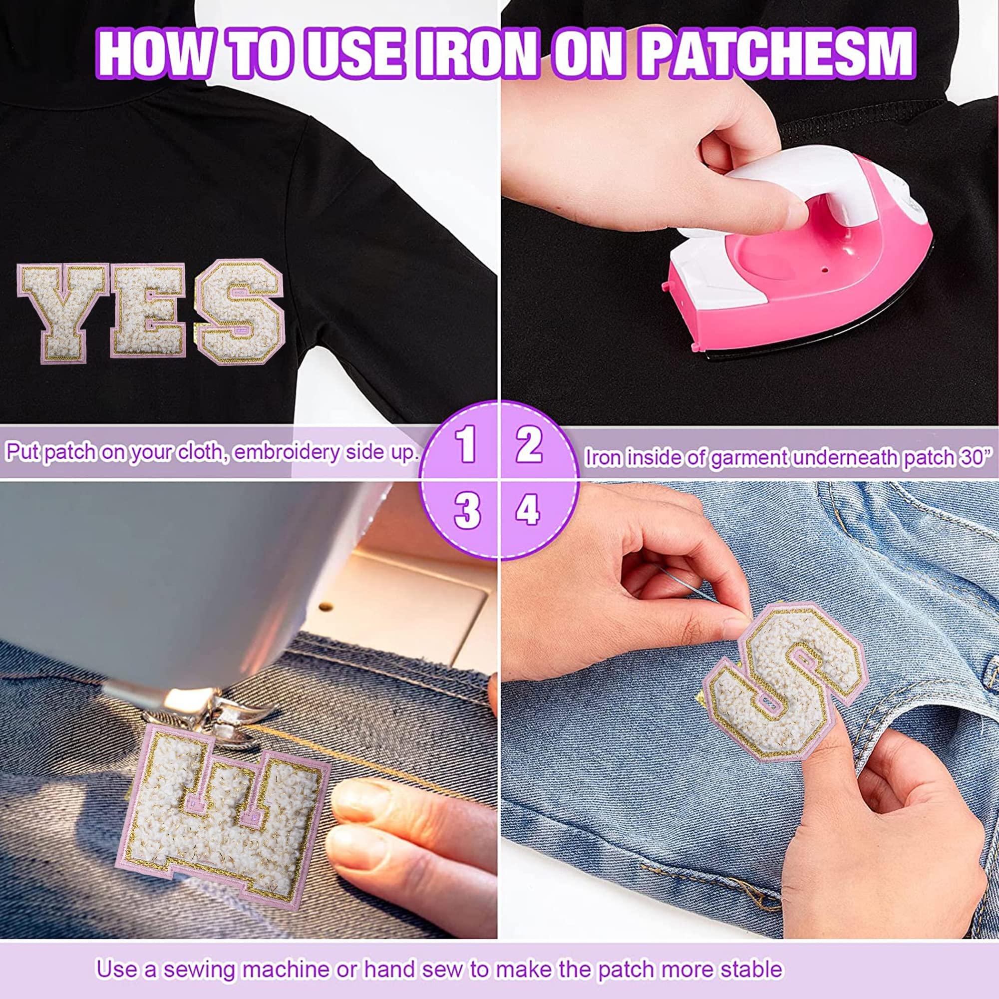 4 Pieces Iron on Chenille Letters Patches, Pink and White Varsity Letter Patch - Alphabet Cute Adhesive Embroidered Appliques Gold Glitter Trimmed Sew On Patch for Clothing Clothes Repair Decor Craft - Image 3