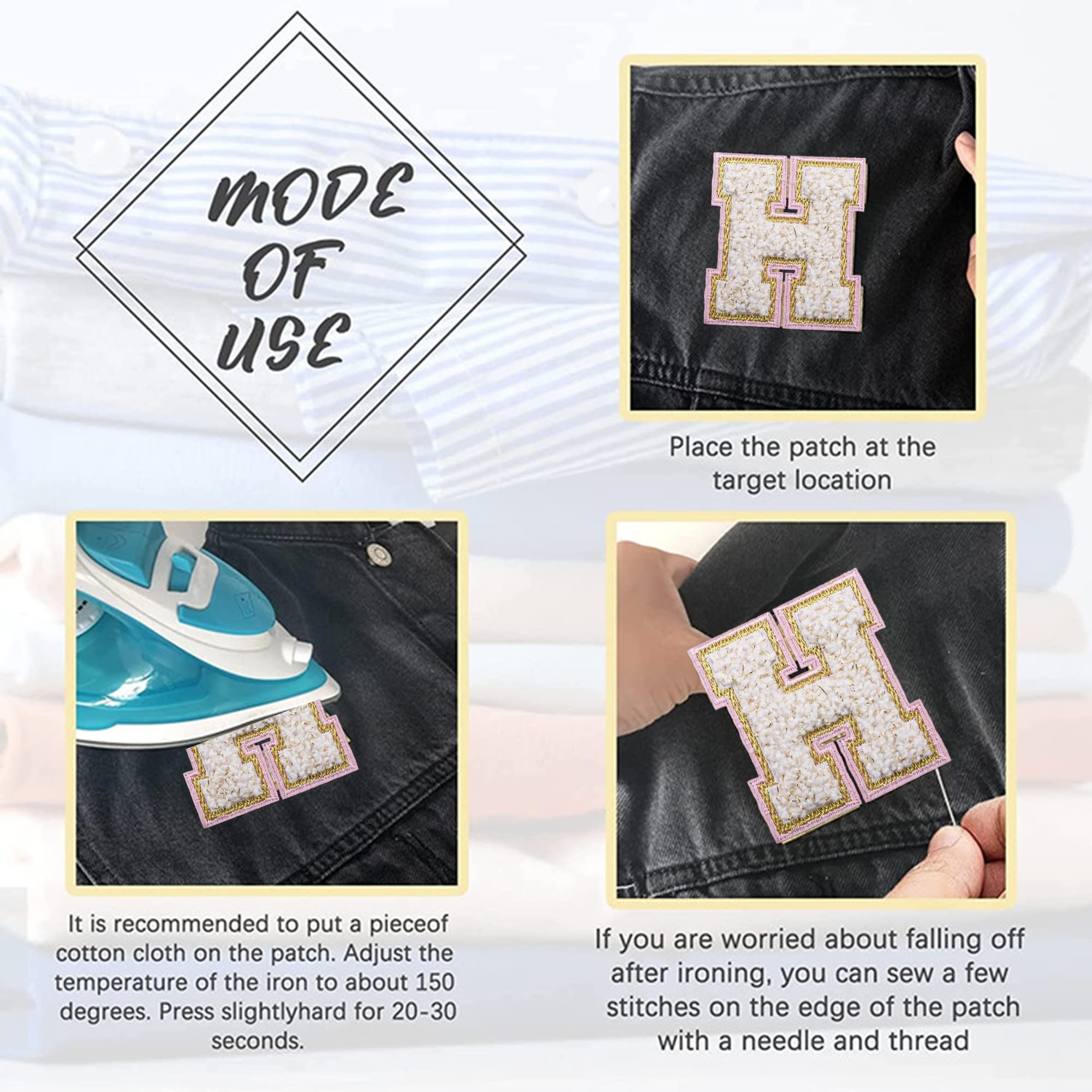 4 Pieces Iron on Chenille Letters Patches, Pink and White Varsity Letter Patch - Alphabet Cute Adhesive Embroidered Appliques Gold Glitter Trimmed Sew On Patch for Clothing Clothes Repair Decor Craft - Image 4