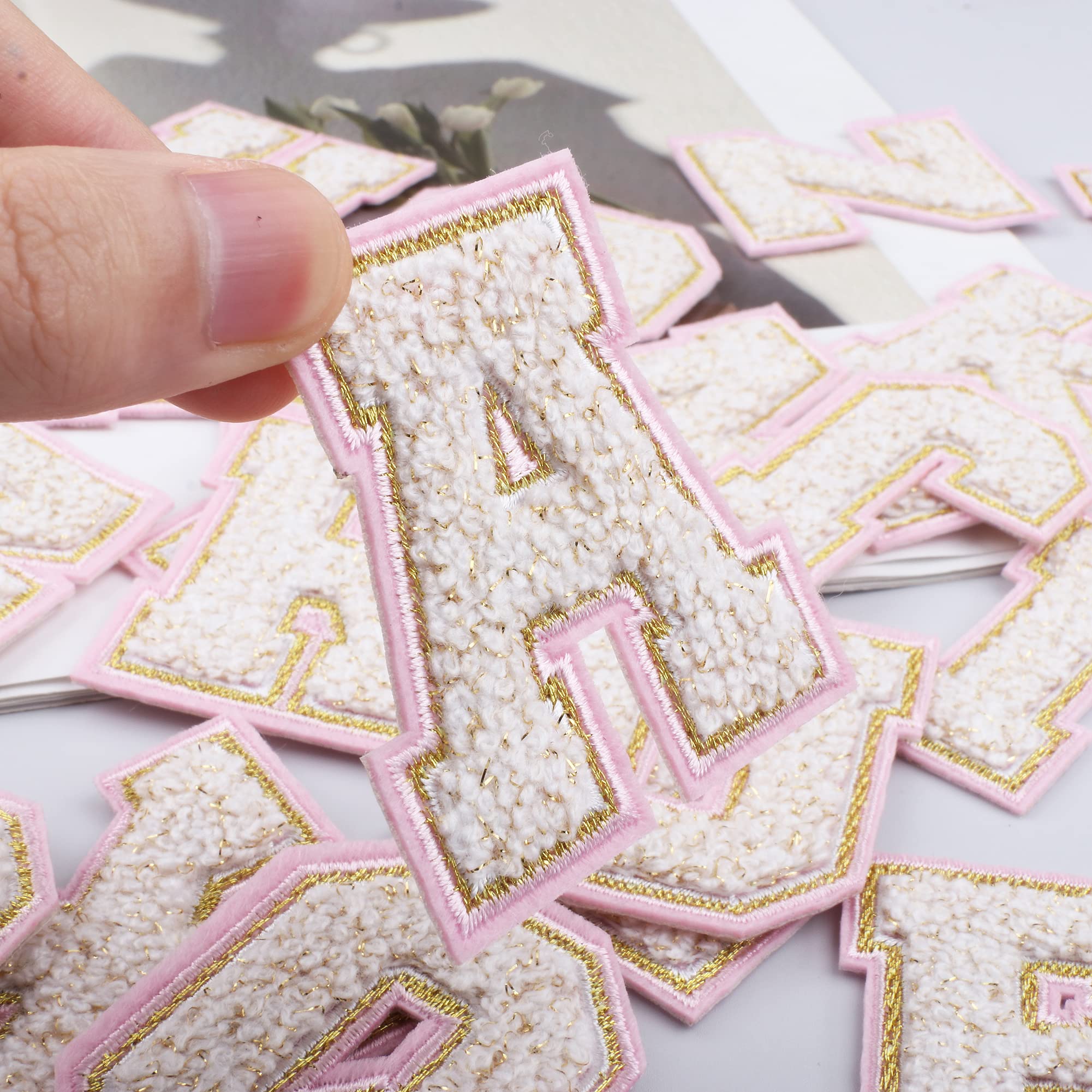 4 Pieces Iron on Chenille Letters Patches, Pink and White Varsity Letter Patch - Alphabet Cute Adhesive Embroidered Appliques Gold Glitter Trimmed Sew On Patch for Clothing Clothes Repair Decor Craft - Image 5