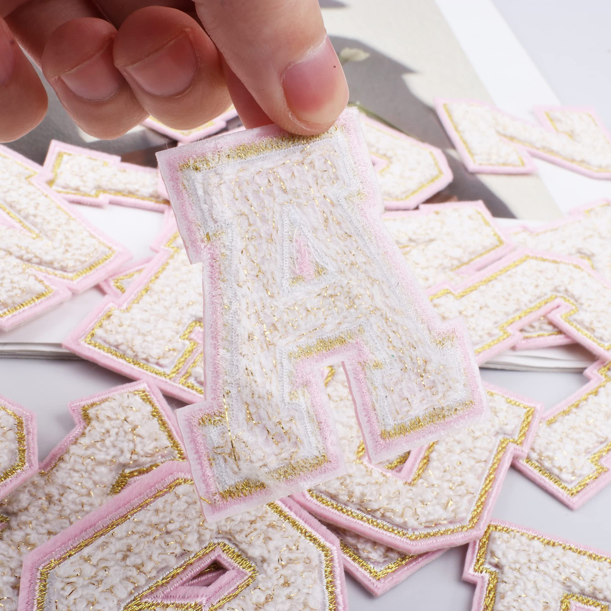 4 Pieces Iron on Chenille Letters Patches, Pink and White Varsity Letter Patch - Alphabet Cute Adhesive Embroidered Appliques Gold Glitter Trimmed Sew On Patch for Clothing Clothes Repair Decor Craft - Image 6
