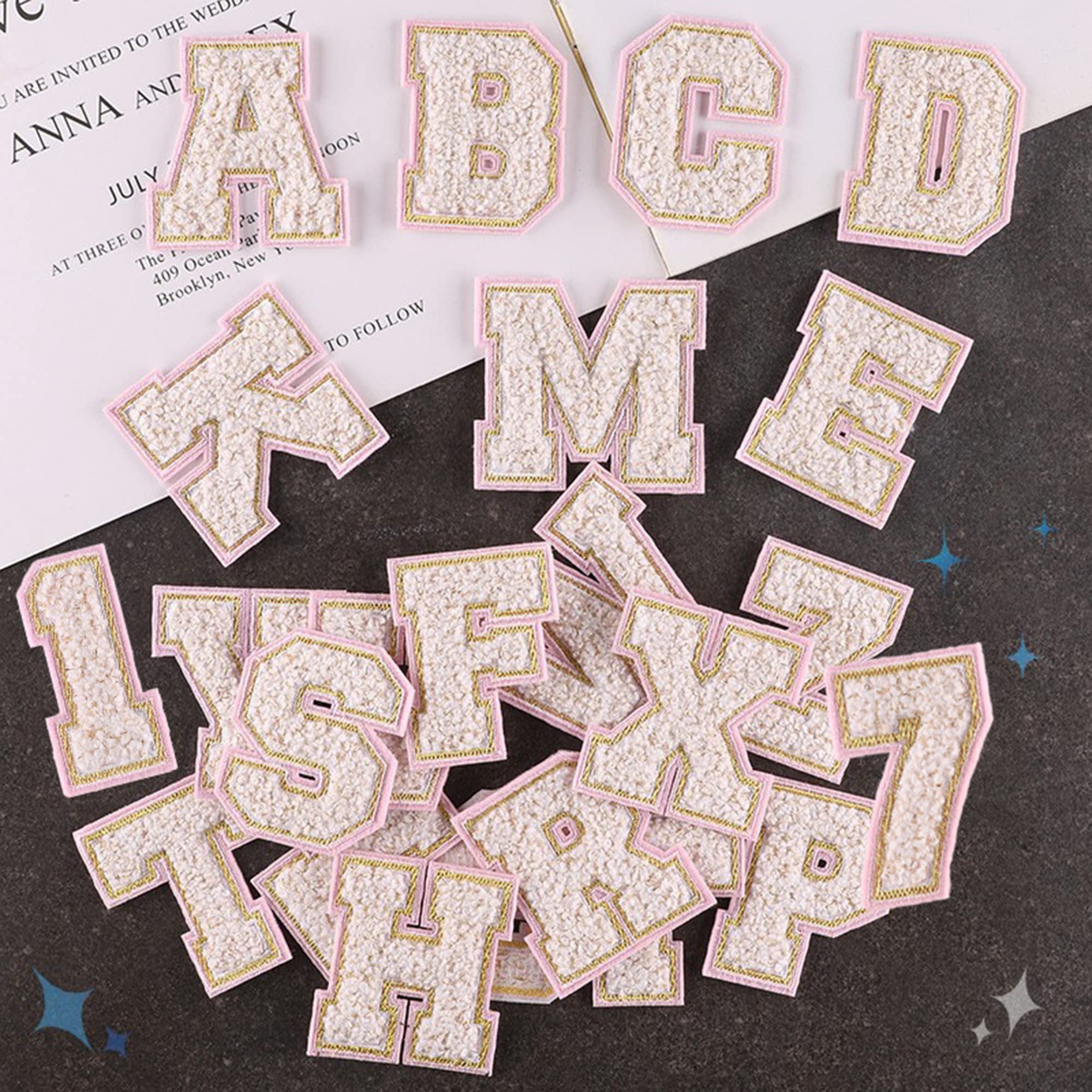 4 Pieces Iron on Chenille Letters Patches, Pink and White Varsity Letter Patch - Alphabet Cute Adhesive Embroidered Appliques Gold Glitter Trimmed Sew On Patch for Clothing Clothes Repair Decor Craft - Image 7
