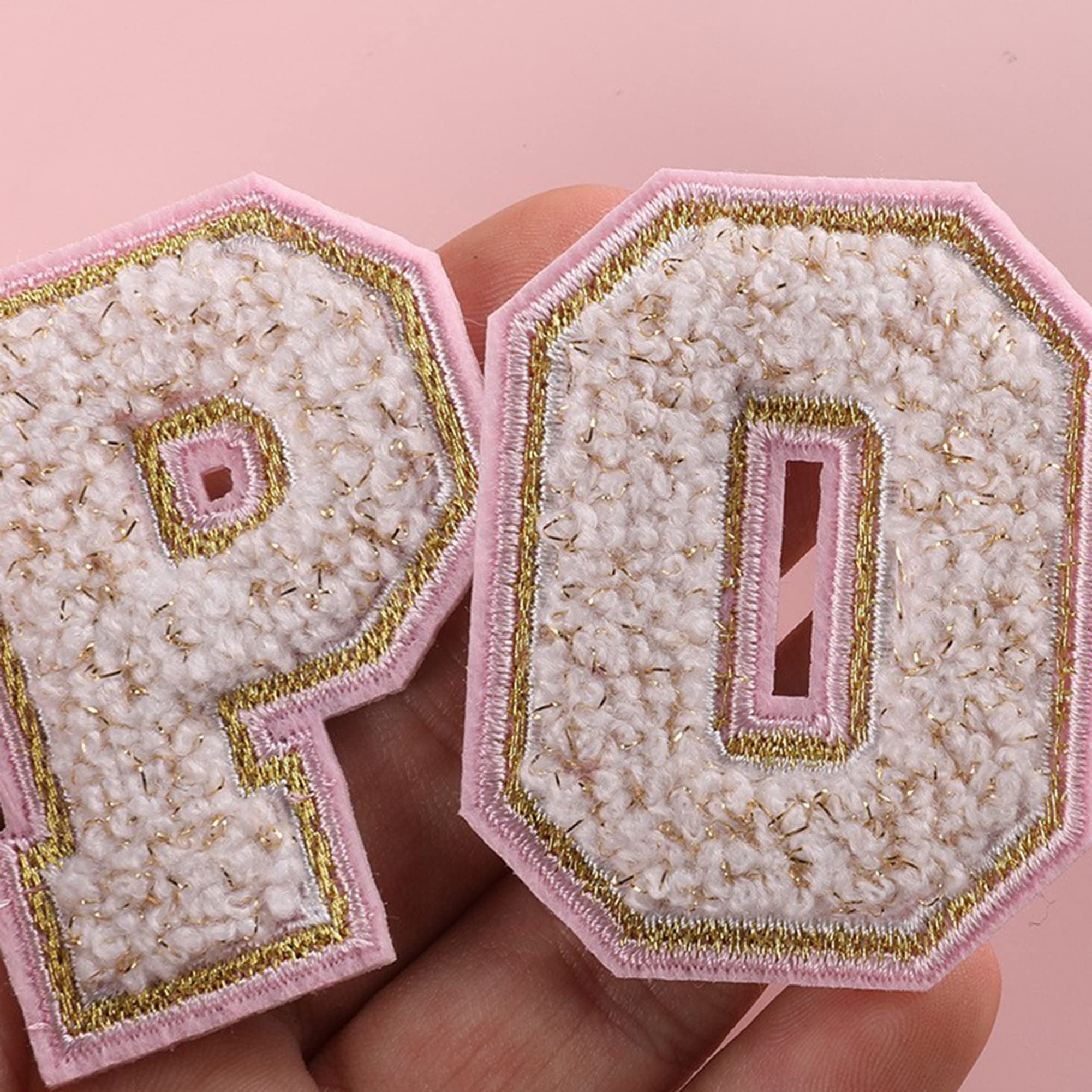4 Pieces Iron on Chenille Letters Patches, Pink and White Varsity Letter Patch - Alphabet Cute Adhesive Embroidered Appliques Gold Glitter Trimmed Sew On Patch for Clothing Clothes Repair Decor Craft - Image 8