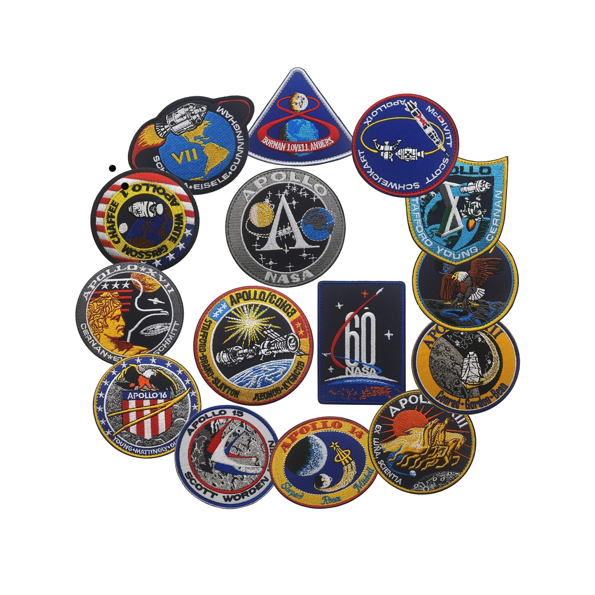 Apollo Mission Patch Set Apollo1,7,8,9,10,11,12,13,14,15,16,17, Space Embroidered Patches,60th Anniversary Logo, DIY Embroidered Patch Costume Applique Badge Set