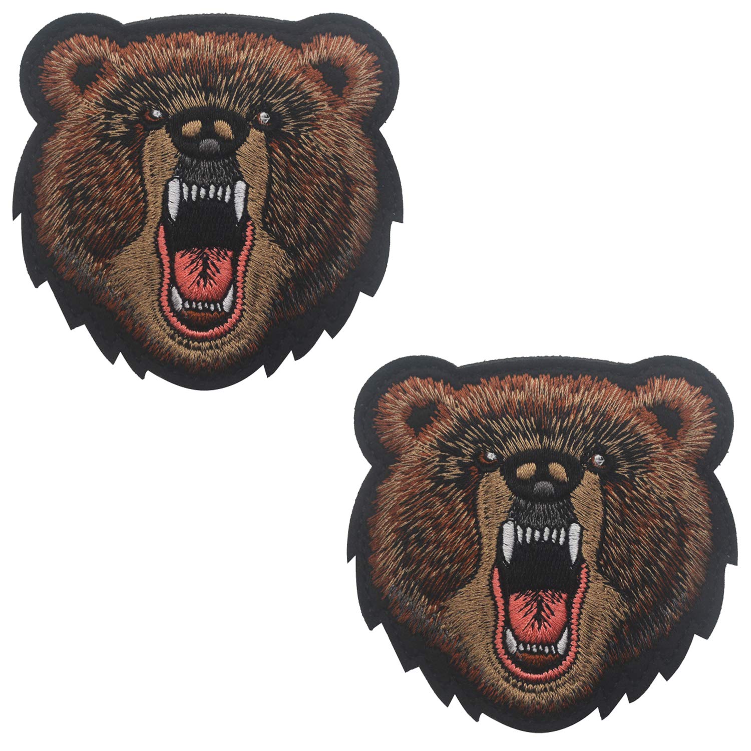 Bear Angry Grizzly Embroidered Patches Badge Decorative Appliques with Hook and Loop Backing 3.15 Inch 2PCS