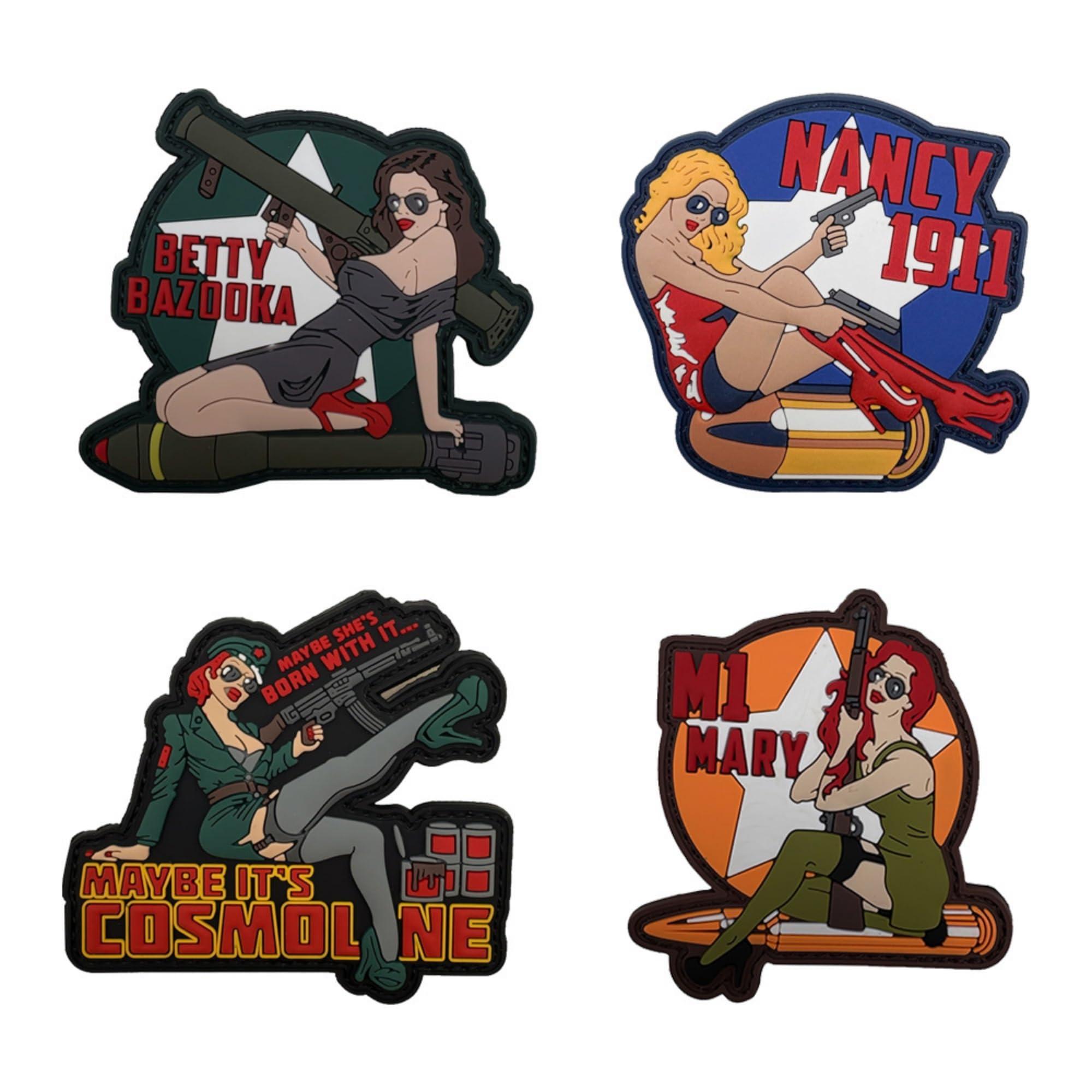 Belle Art Pin-up Girl Tactical Morale Patches, Military Style PVC Badges with Hook and Loop Backing, Set of 4