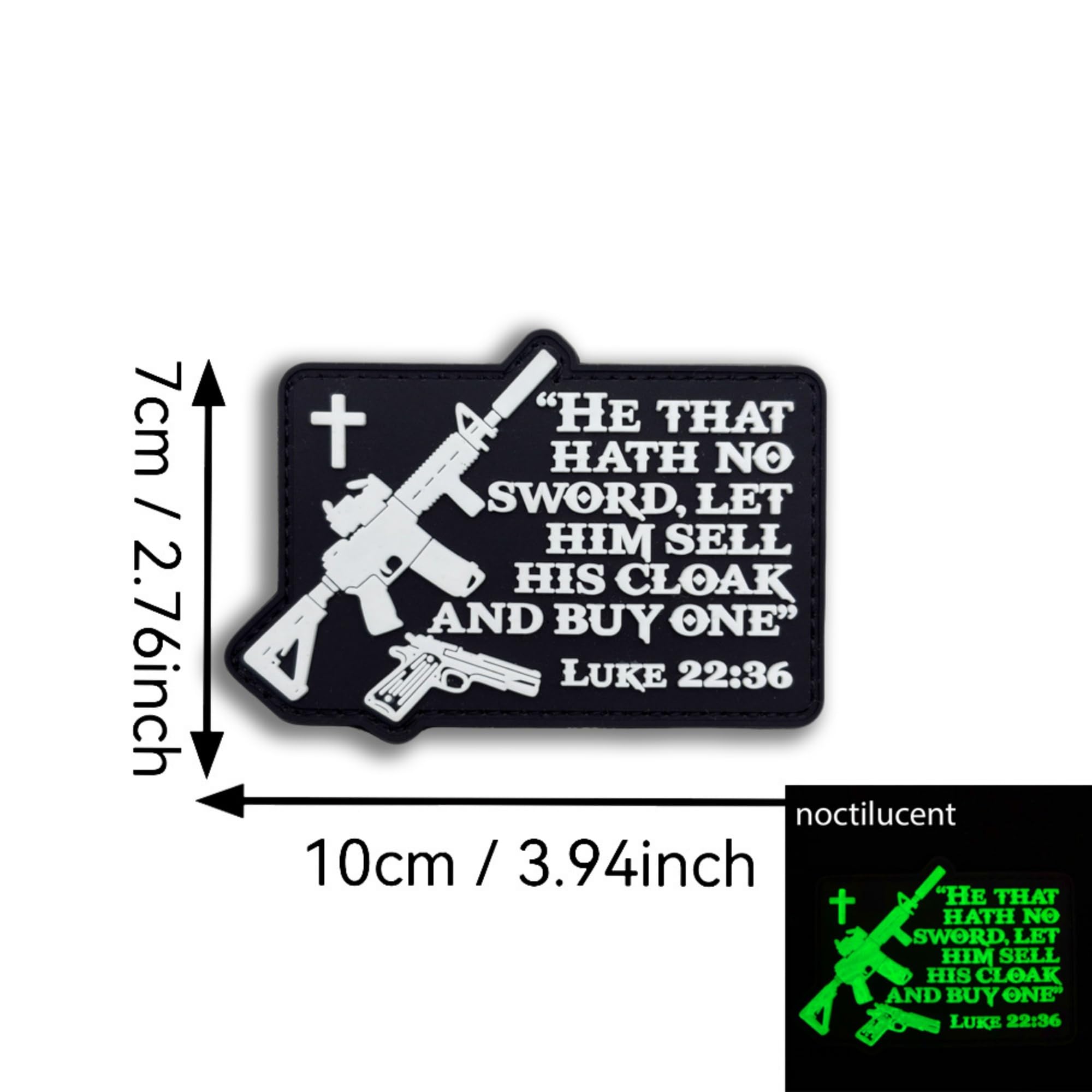 Biblical Tactical PVC Patch, Luke 22:36 Quote, Glow-in-Dark, Hook and Loop Fastener Backing, 3.94 inch - Image 2