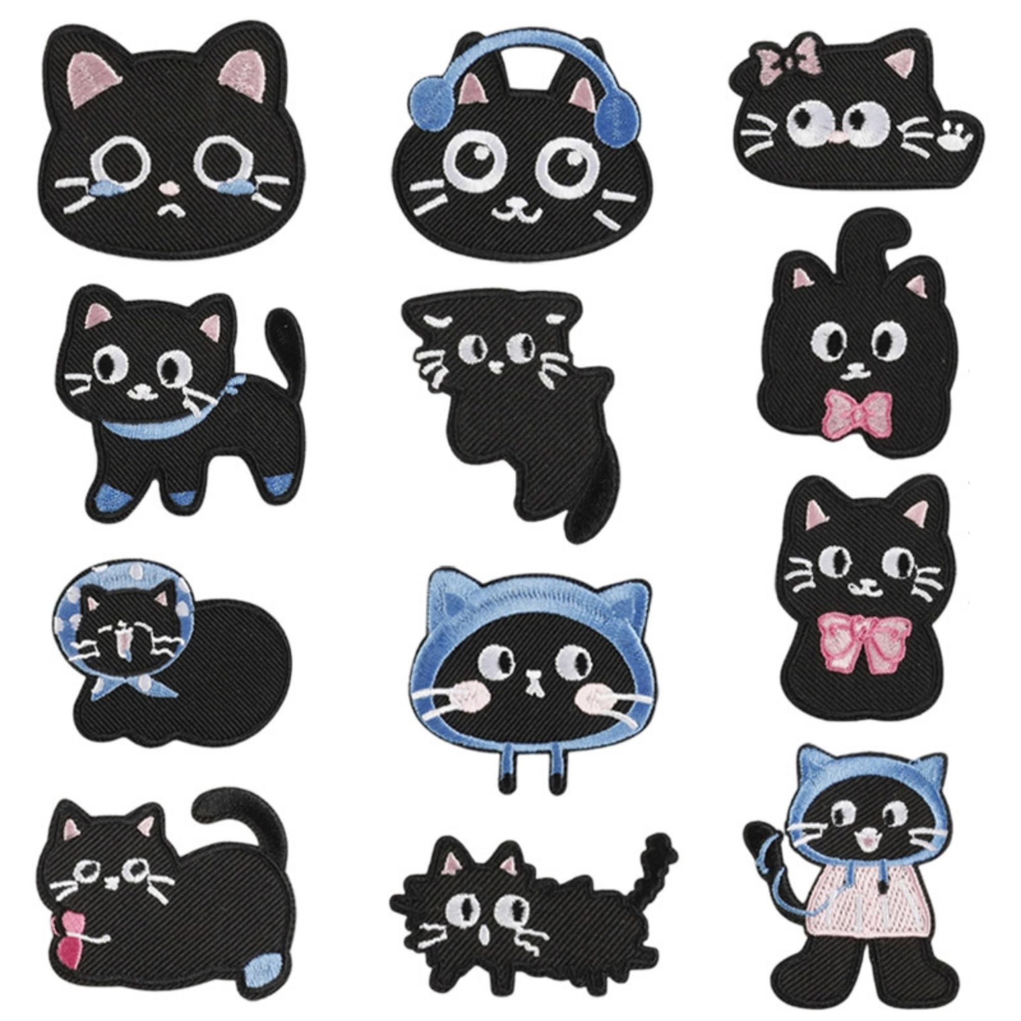 Black Cat Iron-on Patches, Cute Embroidered Design, DIY Self-Adhesive Appliques for Clothing, 12 Pack