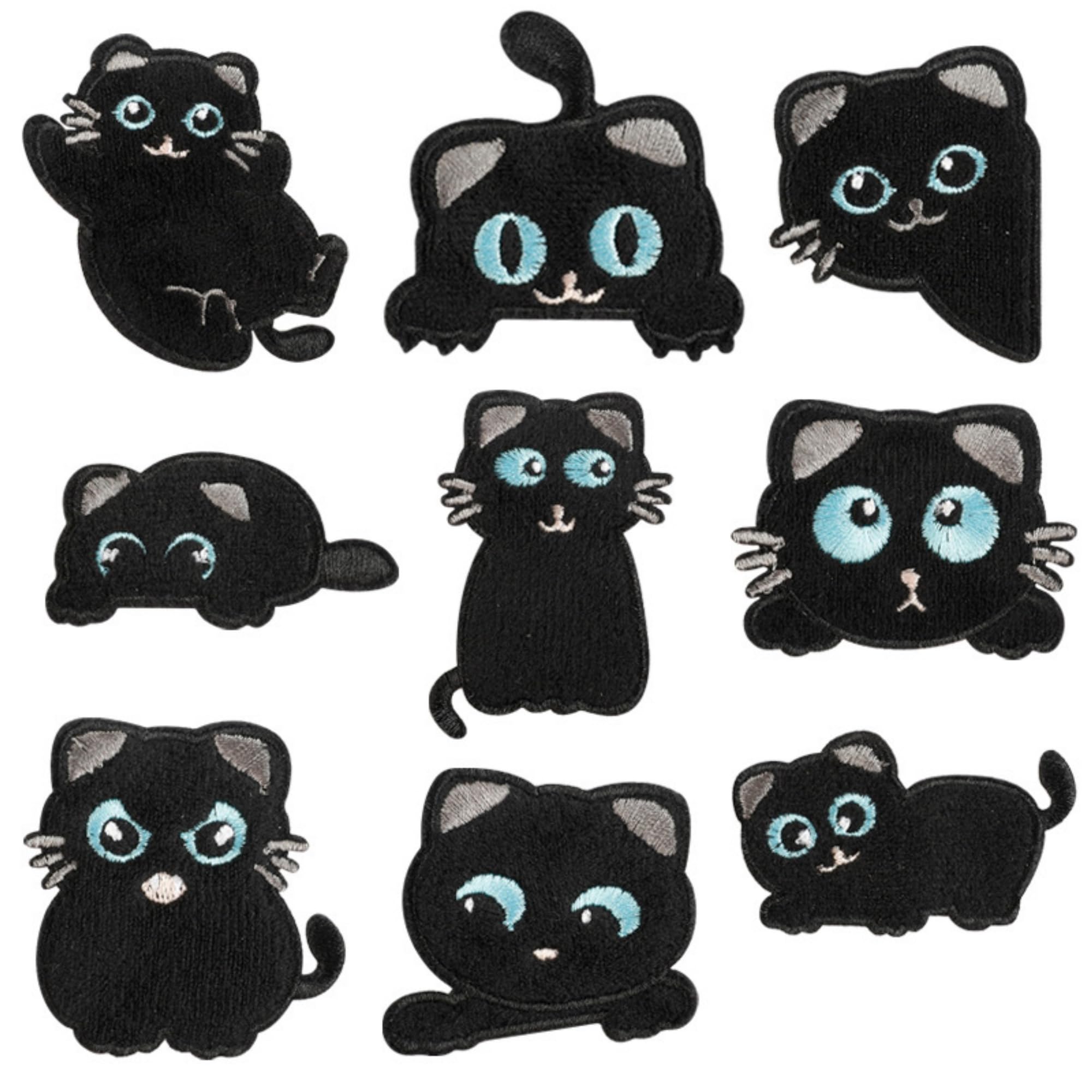 Black Cat Iron-on Patches, Embroidered Self-Adhesive Appliques, Cartoon Design, DIY Accessories, 9-Pack