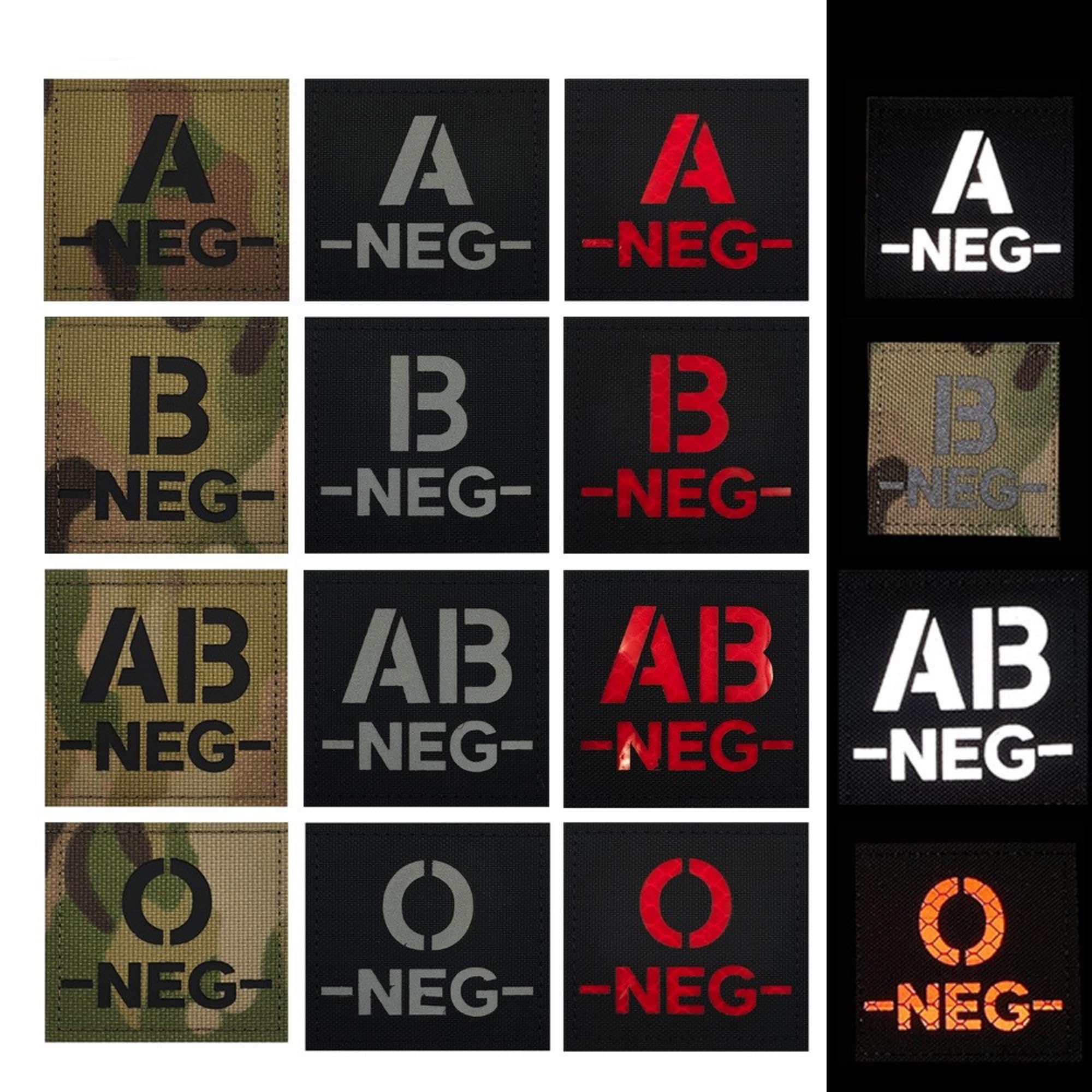 Blood Type Patch NEG, Reflective IR Tactical, O Negative, Camouflage and Black, 2 Inch Square, for First Aid Gear - Image 3