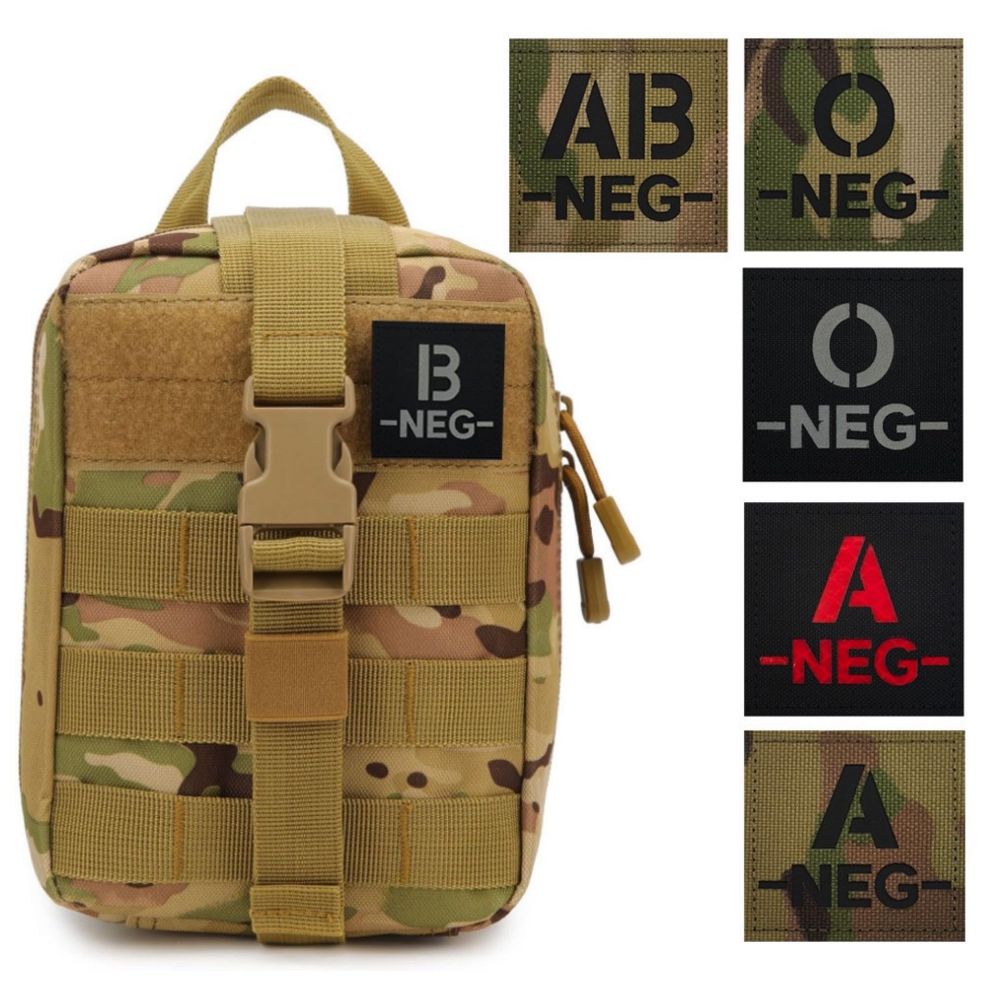 Blood Type Patch NEG, Reflective IR Tactical, O Negative, Camouflage and Black, 2 Inch Square, for First Aid Gear - Image 4