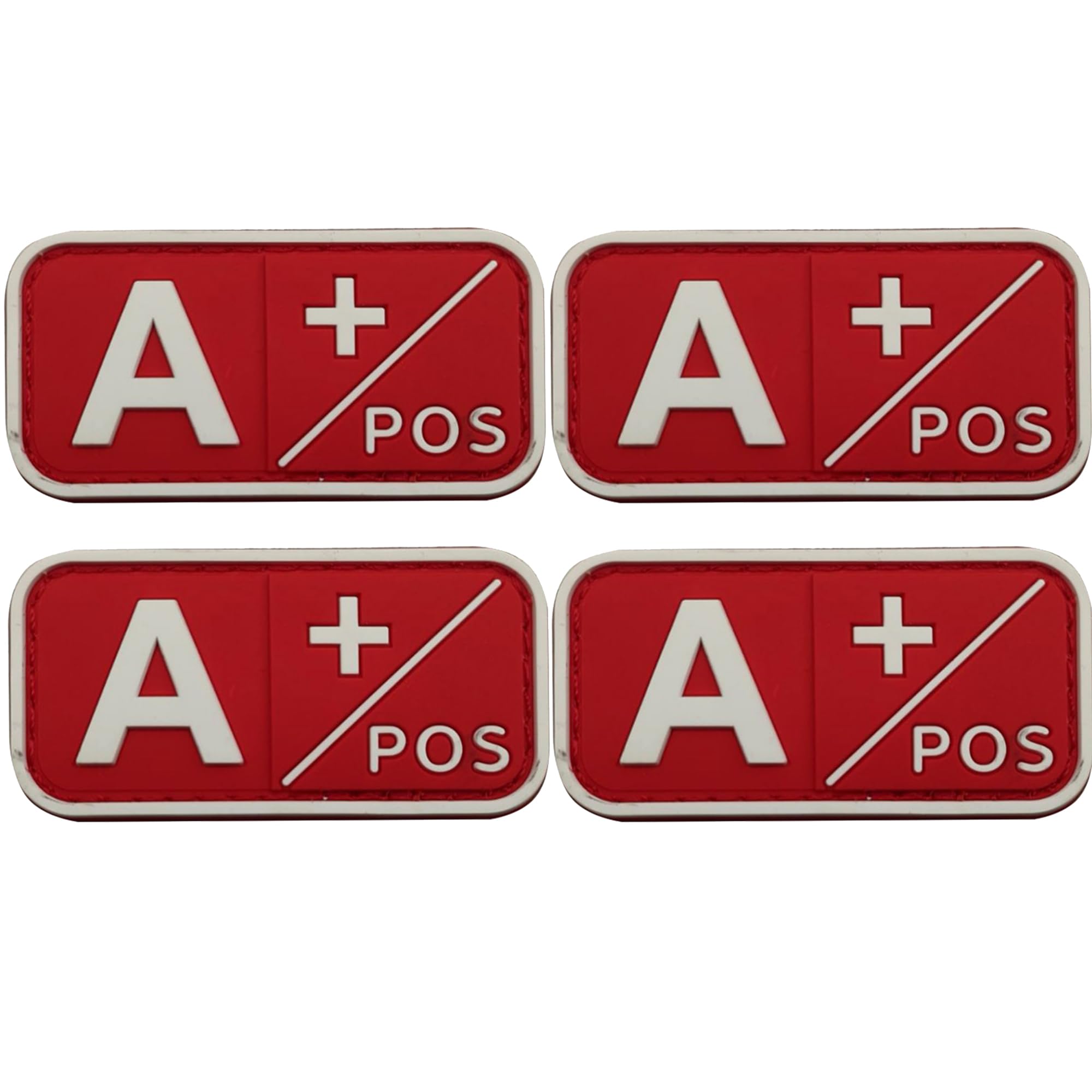 Blood Type PVC A Positive Patches, A+ Pos, Hook and Loop Fastener Backing, 1.97 x 0.98 Inch, Red and White, Set of 4