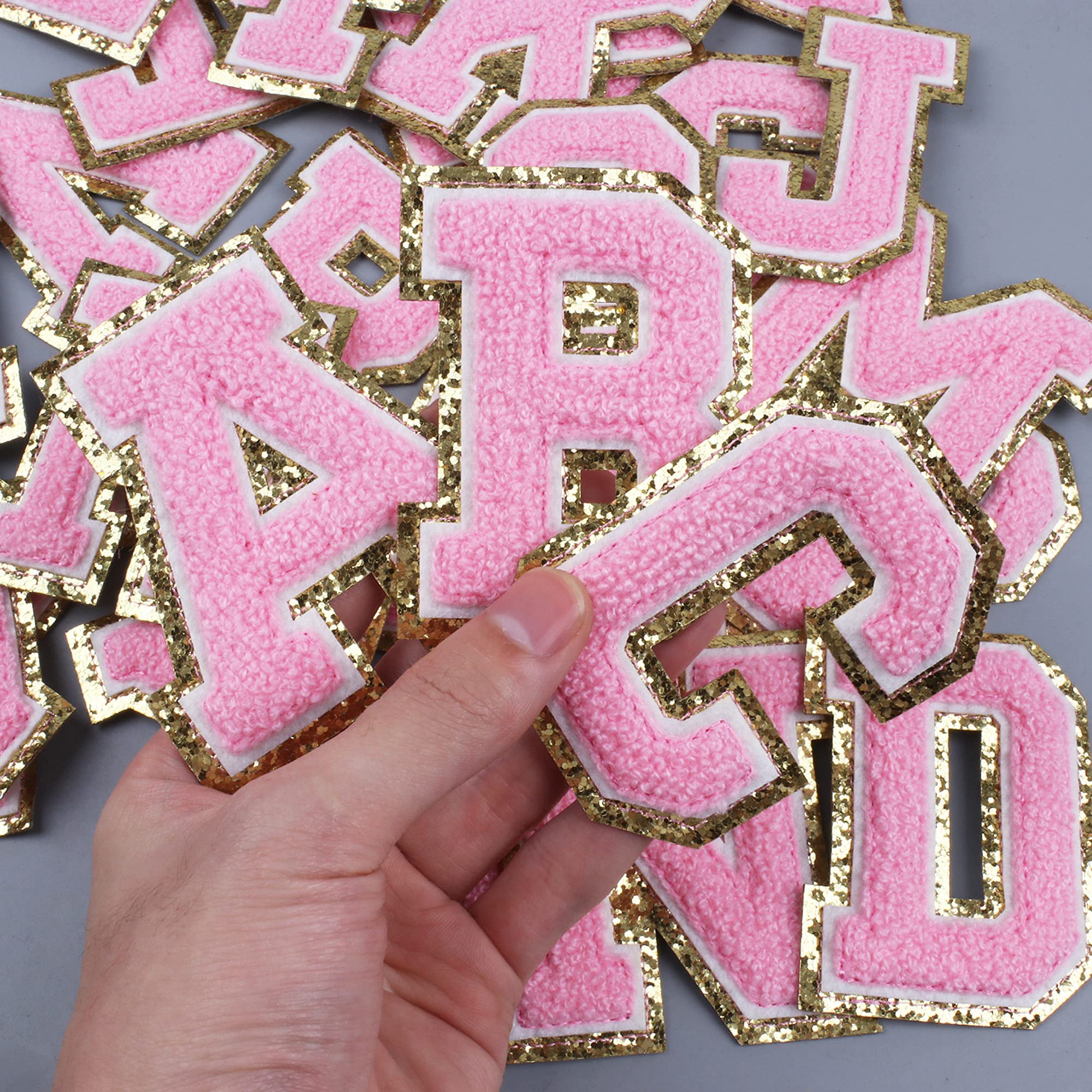 Chenille Varsity Initial Patches Alphabet English Letter A-Z Iron On Repair Patches Sewing Appliques Clothing Badges, Pink Letters with Glod Border, Adhesive Sticker - Image 4