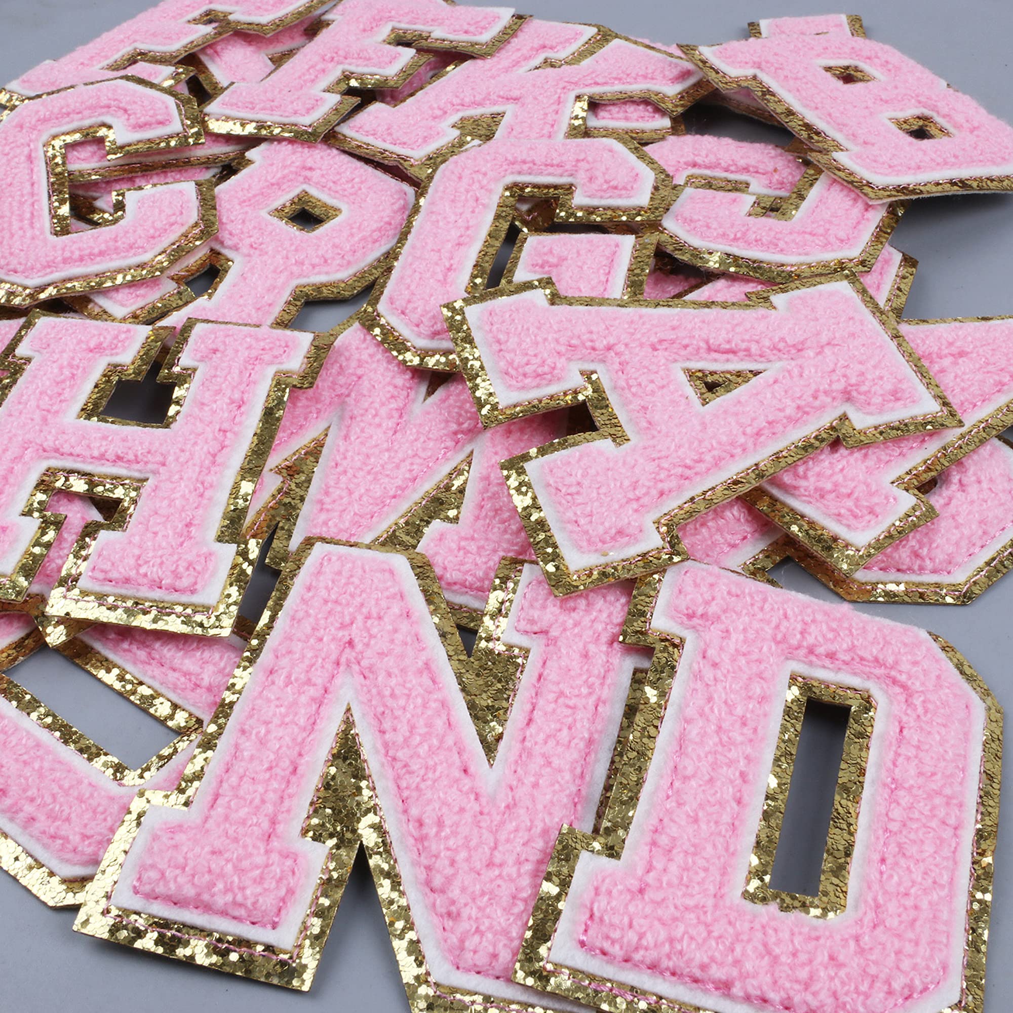 Chenille Varsity Initial Patches Alphabet English Letter A-Z Iron On Repair Patches Sewing Appliques Clothing Badges, Pink Letters with Glod Border, Adhesive Sticker - Image 5