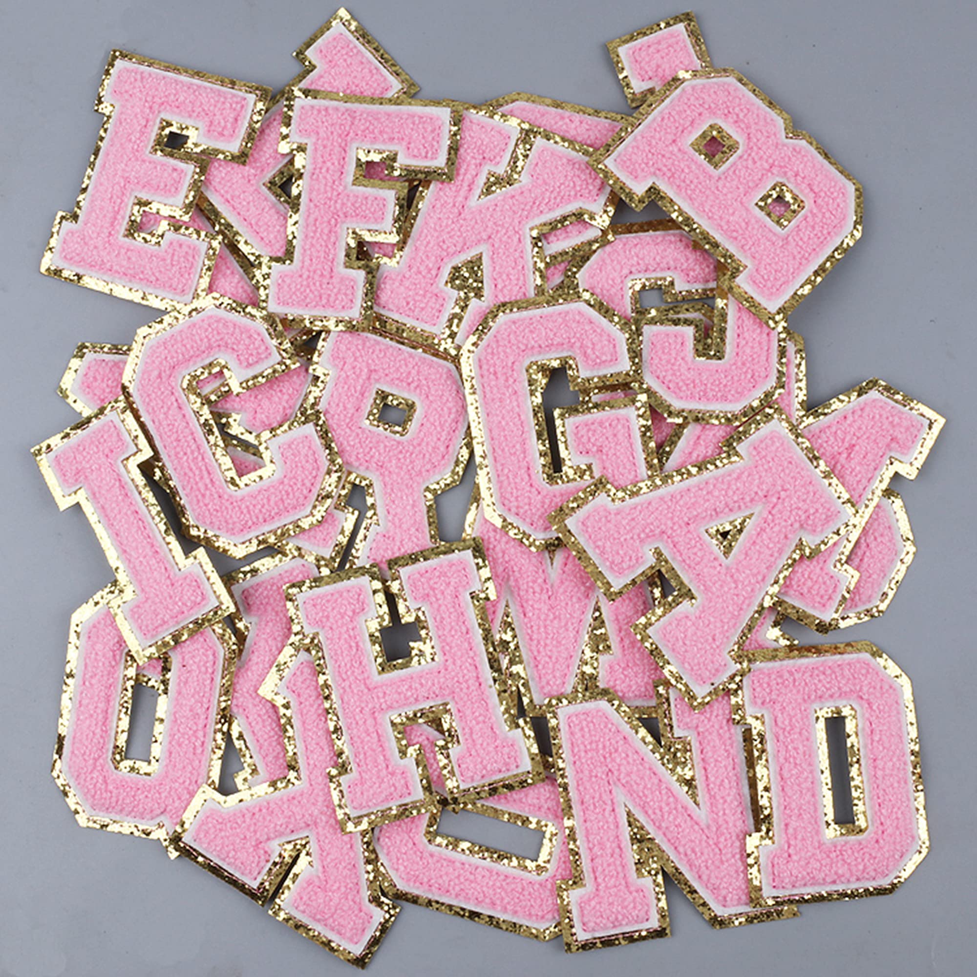 Chenille Varsity Initial Patches Alphabet English Letter A-Z Iron On Repair Patches Sewing Appliques Clothing Badges, Pink Letters with Glod Border, Adhesive Sticker - Image 6