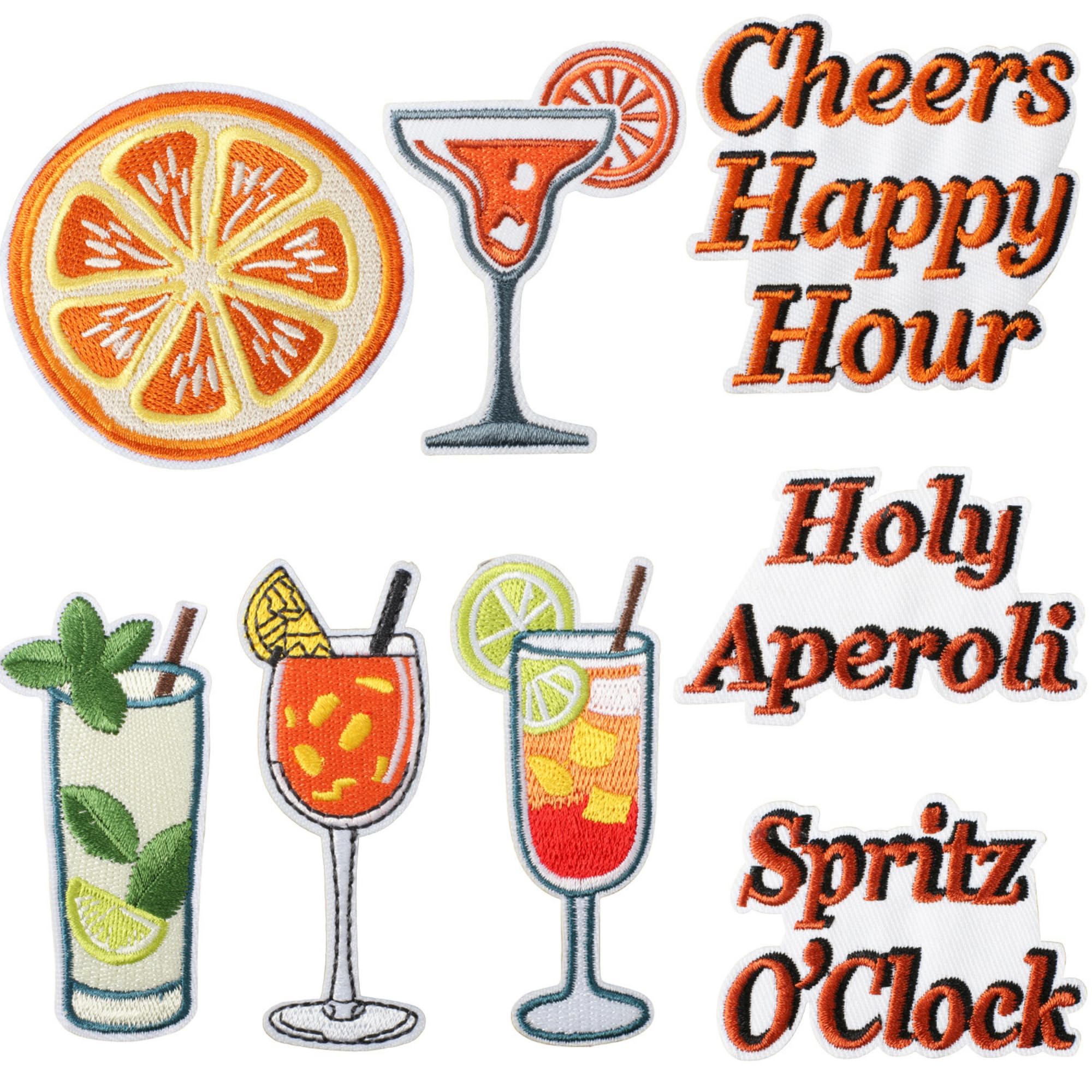 Cocktail Embroidered Iron-On Patches, Happy Hour Beverage Cup Appliques, Self-Adhesive Clothing and Bag Decoration, 8 Piece Set