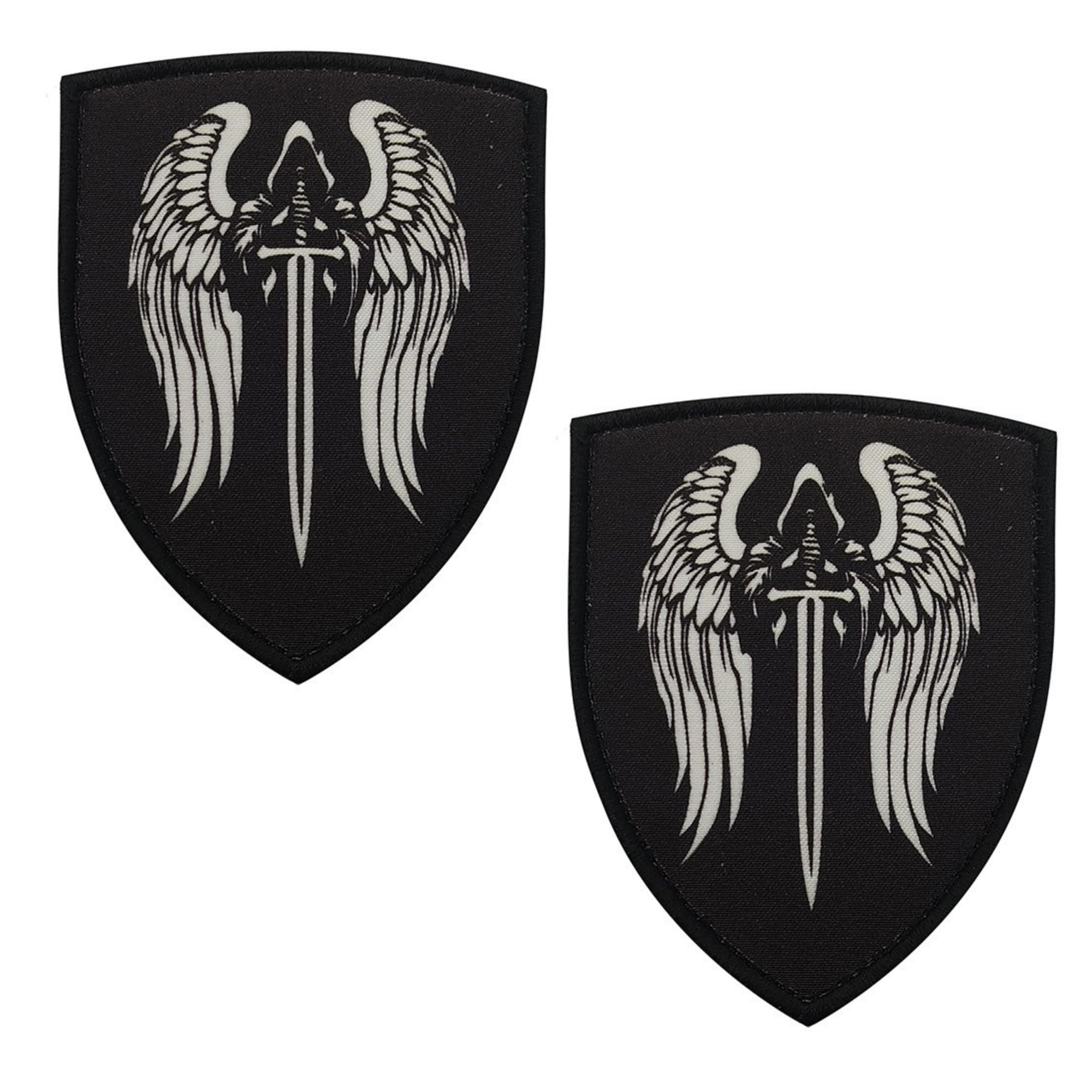 Dark Wings Holy Sword Tactical Patch, Shield Shape Hook and Loop Backing, Black with White Embroidery, 3.54 x 2.76 Inches, 2 Pack