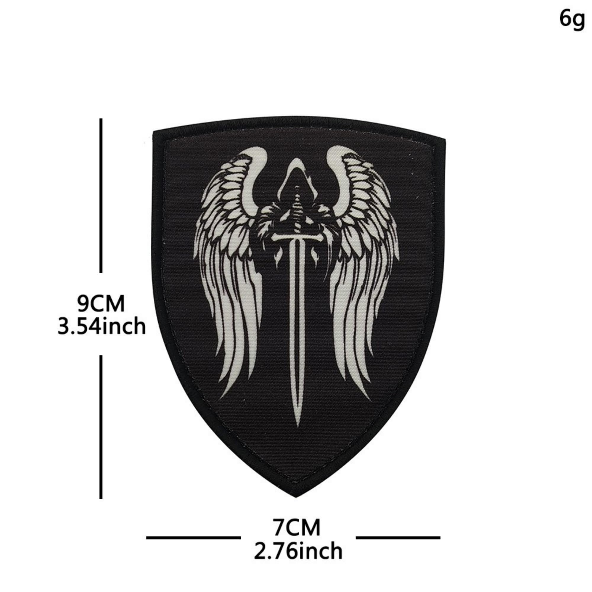 Dark Wings Holy Sword Tactical Patch, Shield Shape Hook and Loop Backing, Black with White Embroidery, 3.54 x 2.76 Inches, 2 Pack - Image 2