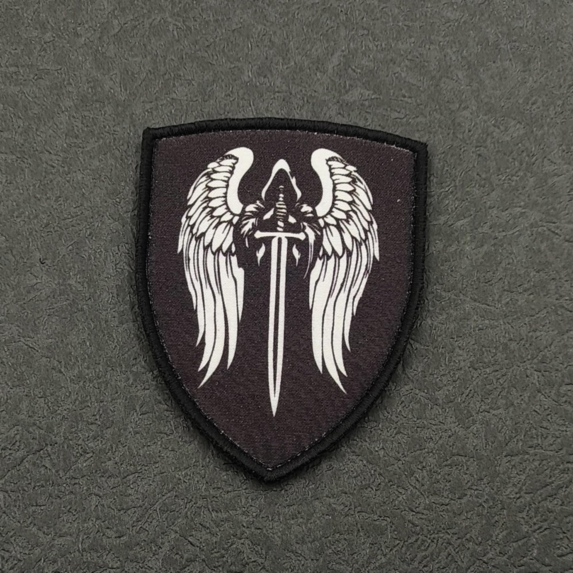 Dark Wings Holy Sword Tactical Patch, Shield Shape Hook and Loop Backing, Black with White Embroidery, 3.54 x 2.76 Inches, 2 Pack - Image 4