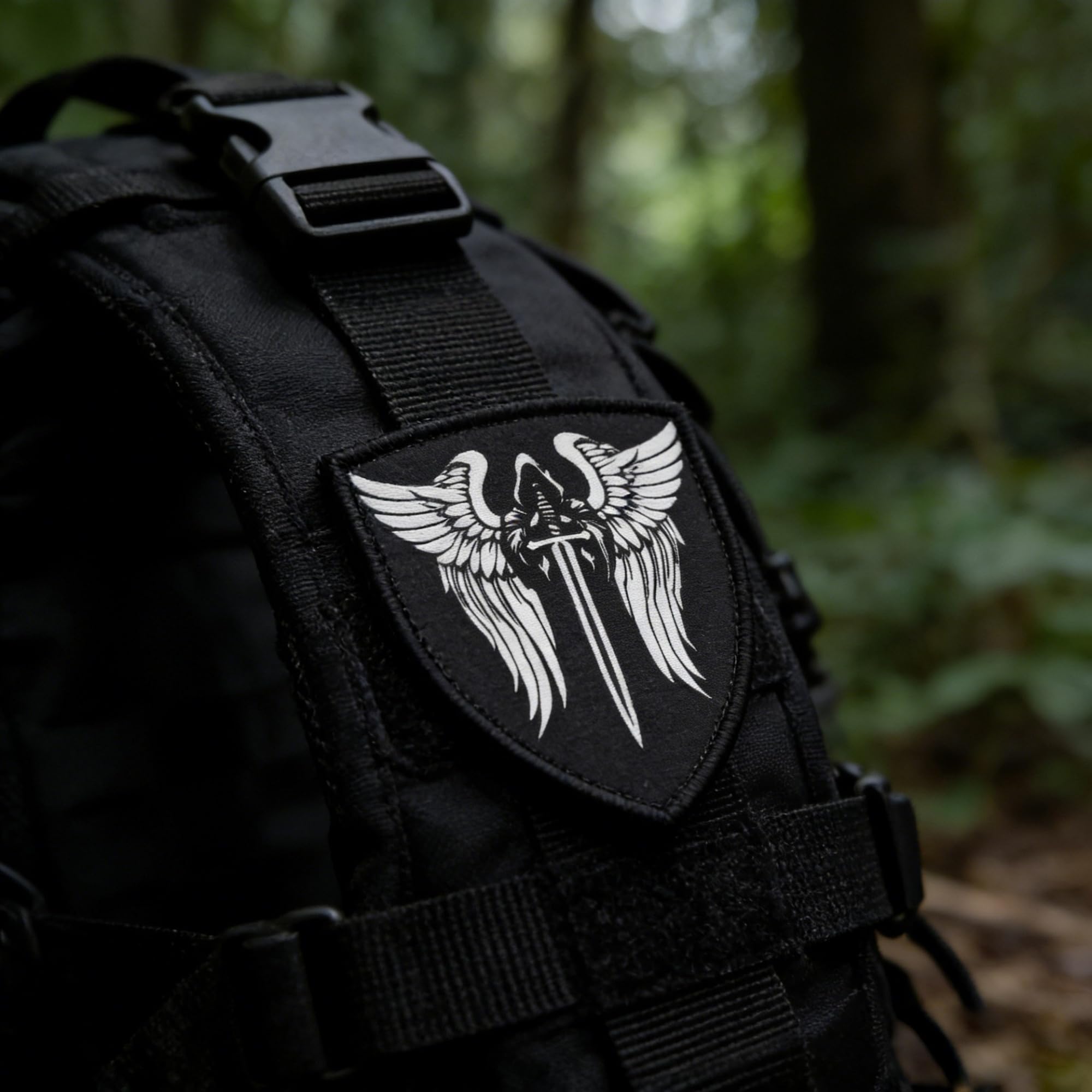Dark Wings Holy Sword Tactical Patch, Shield Shape Hook and Loop Backing, Black with White Embroidery, 3.54 x 2.76 Inches, 2 Pack - Image 5