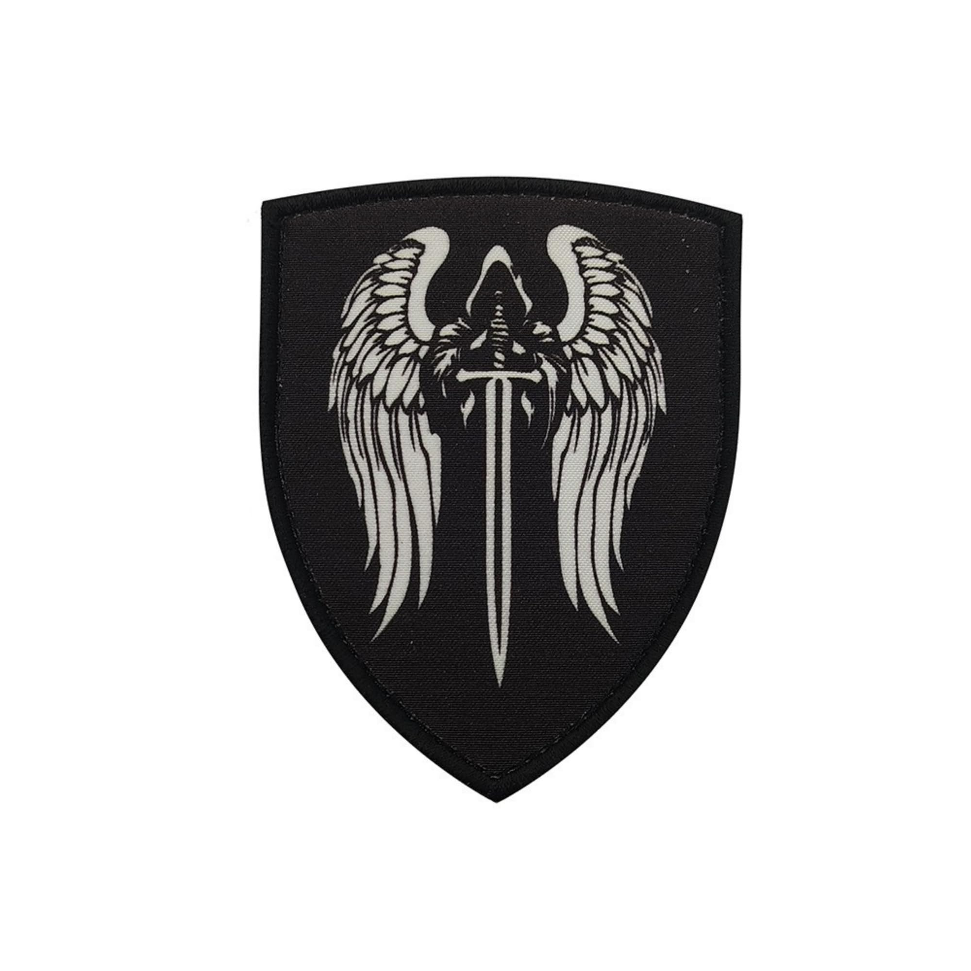 Dark Wings Holy Sword Tactical Patch, Shield Shape Hook and Loop Backing, Black with White Embroidery, 3.54 x 2.76 Inches, 2 Pack - Image 7