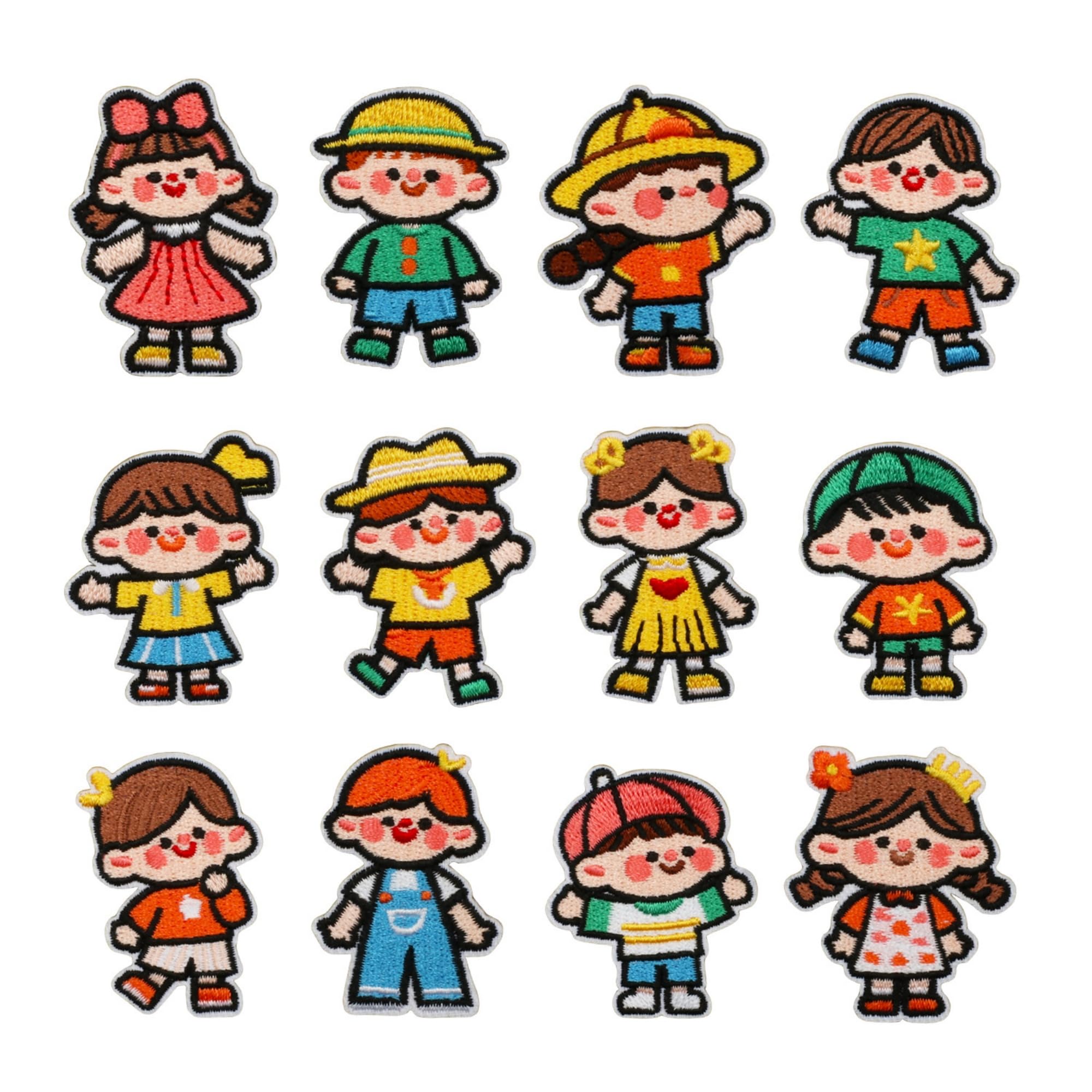 Decorative Children Character Iron-On Patches, Boy and Girl DIY Clothing Accessories, Embroidered Design Collection, 12 Pieces