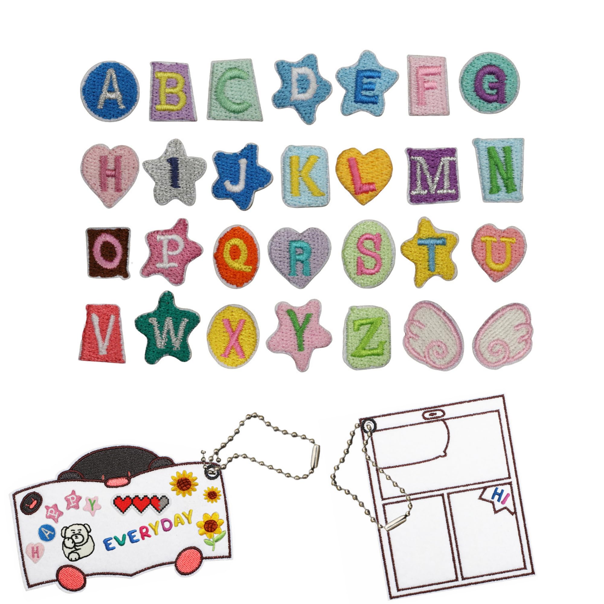 Embroidered Iron on Alphabet Letter Patches Appliques, DIY Decorative Appliques with Heart and Star Shapes, Colorful A-Z Alphabet Set