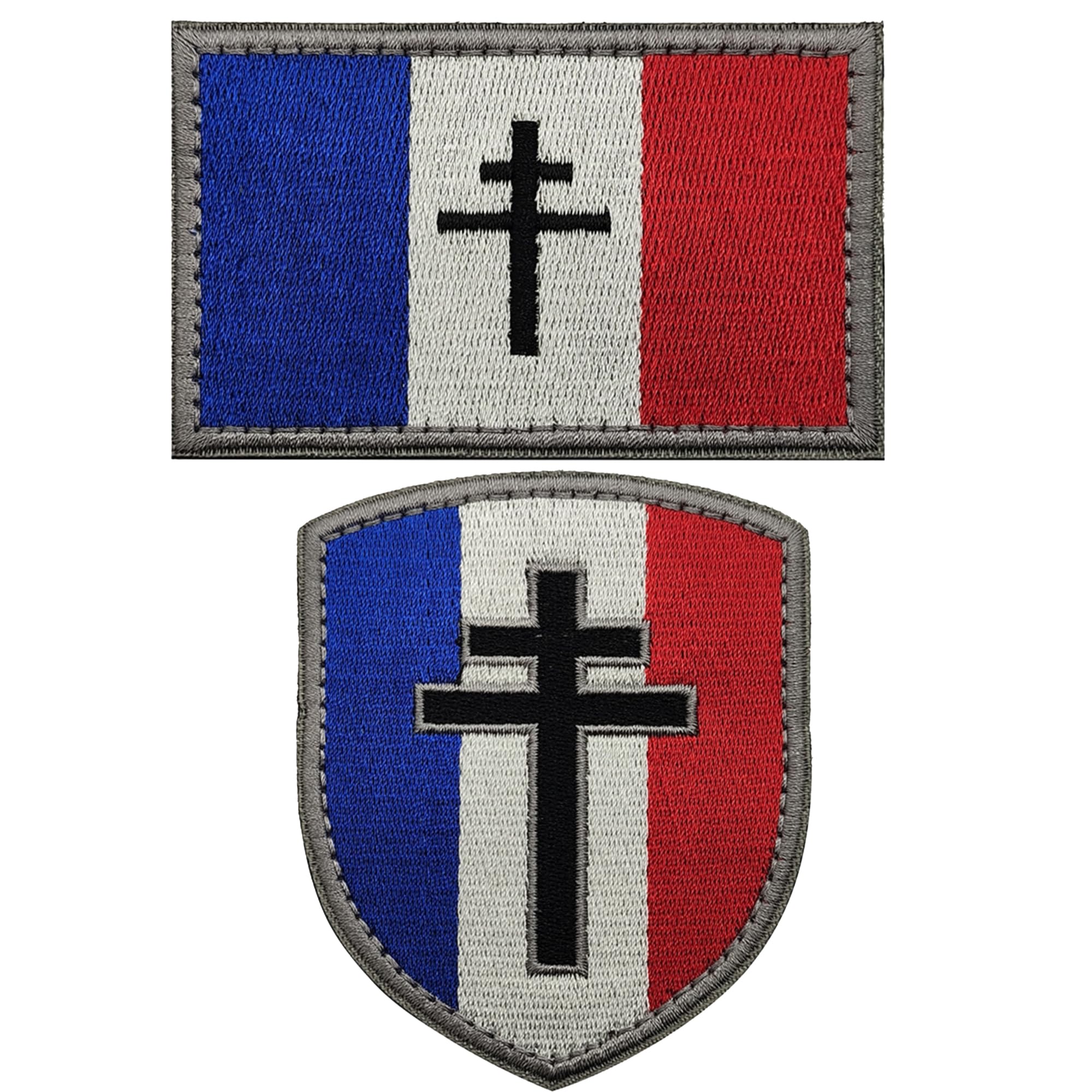 French Flag Cross Military Tactical Patches, Hook and Loop Backing, Shield and Rectangle Design, 2-Pack
