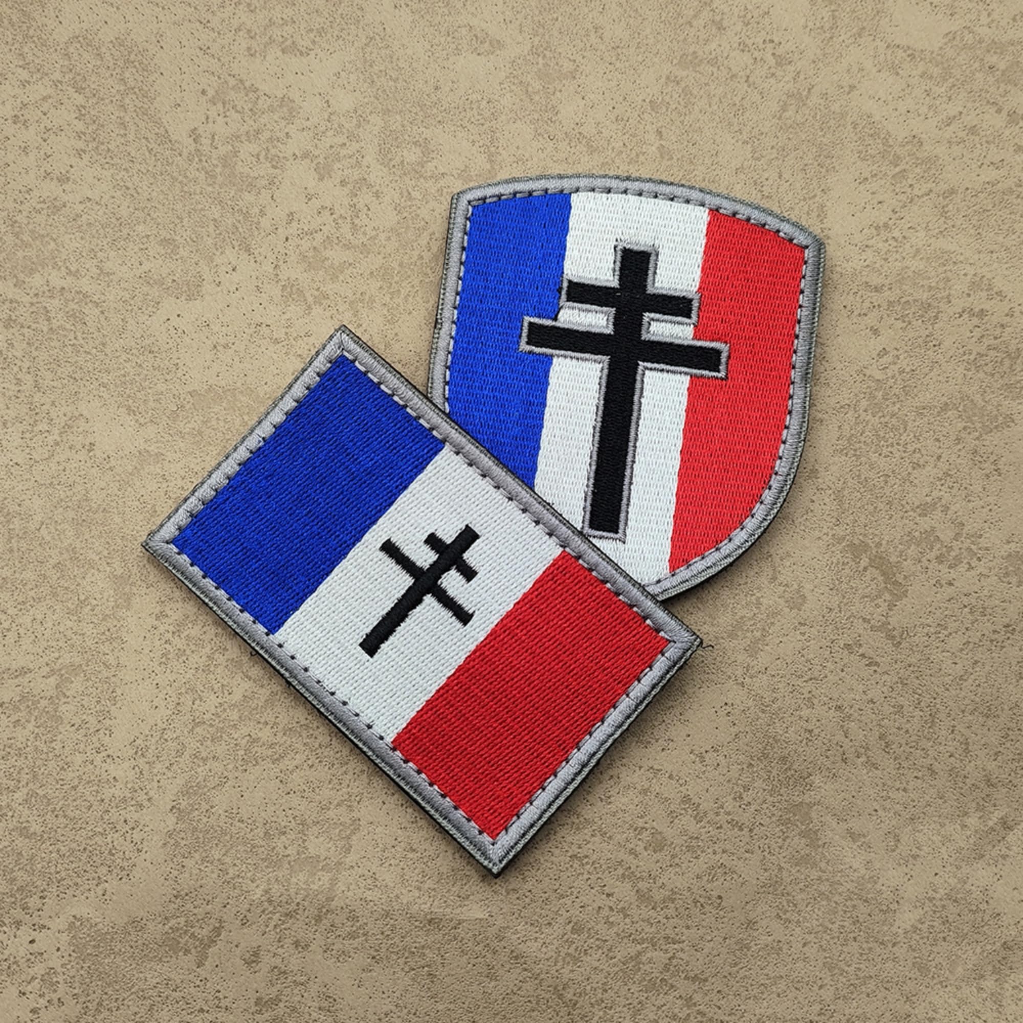 French Flag Cross Military Tactical Patches, Hook and Loop Backing, Shield and Rectangle Design, 2-Pack - Image 3