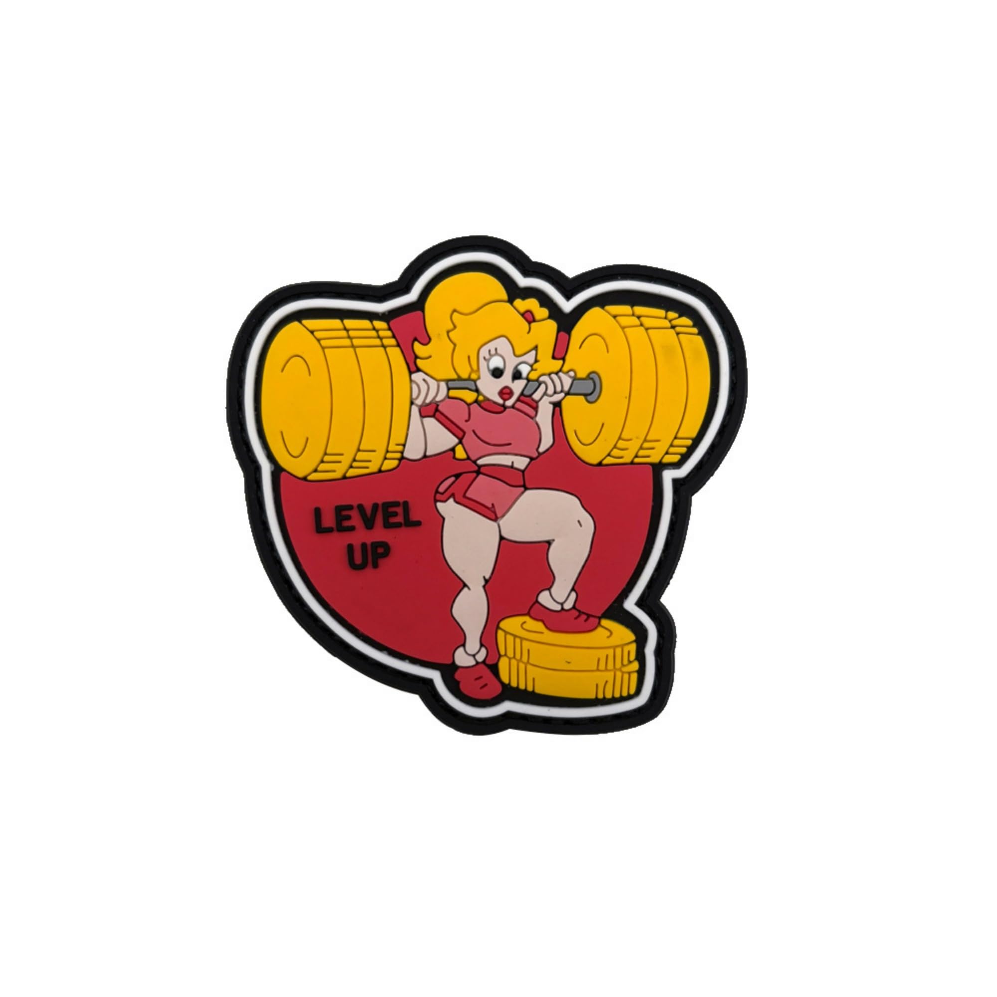 Glow in Dark Beauty Level Up Weightlifting PVC Morale Patches, Hook and Loop Backing Badges, 3.15 x 3.15 Inch, Red and Yellow