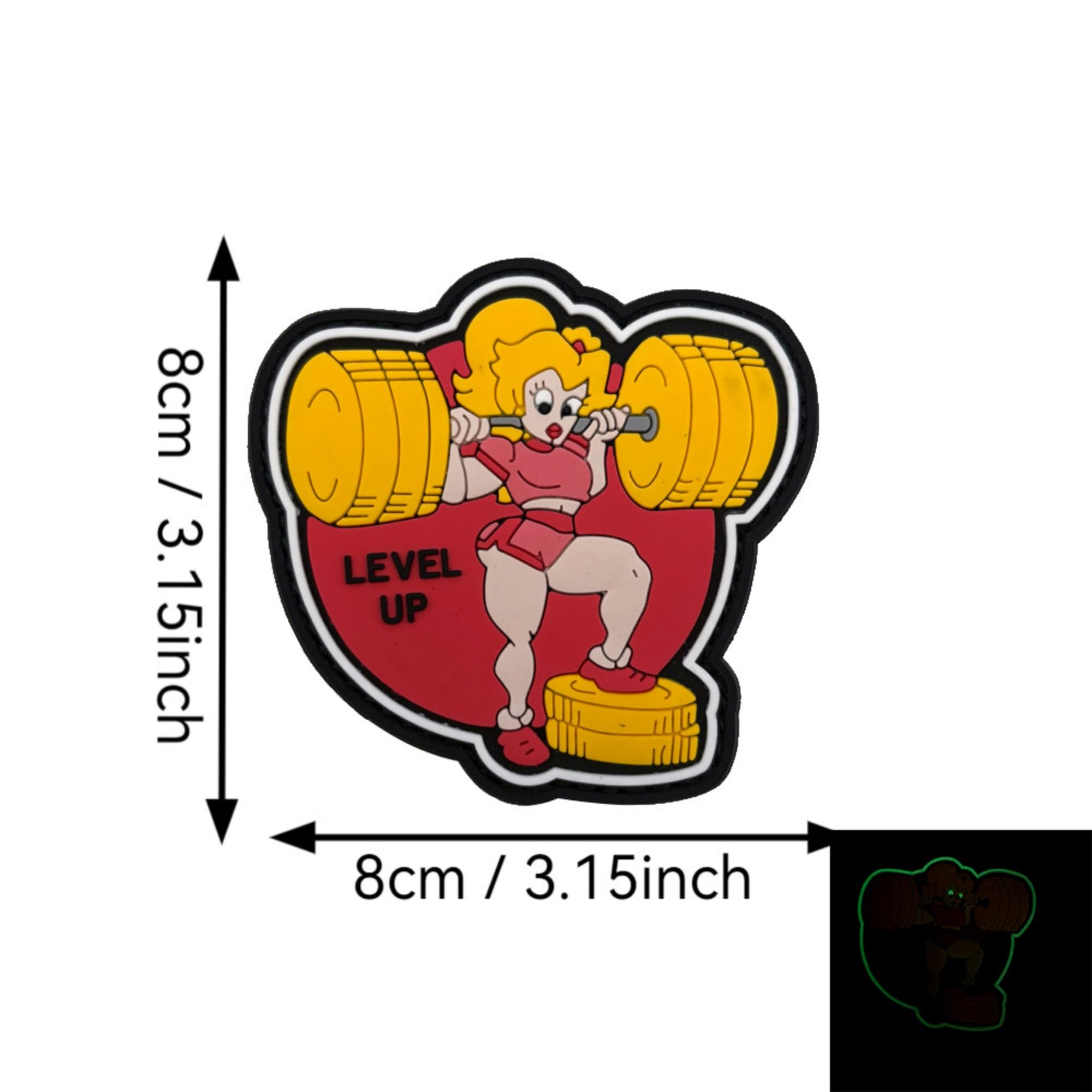 Glow in Dark Beauty Level Up Weightlifting PVC Morale Patches, Hook and Loop Backing Badges, 3.15 x 3.15 Inch, Red and Yellow - Image 2
