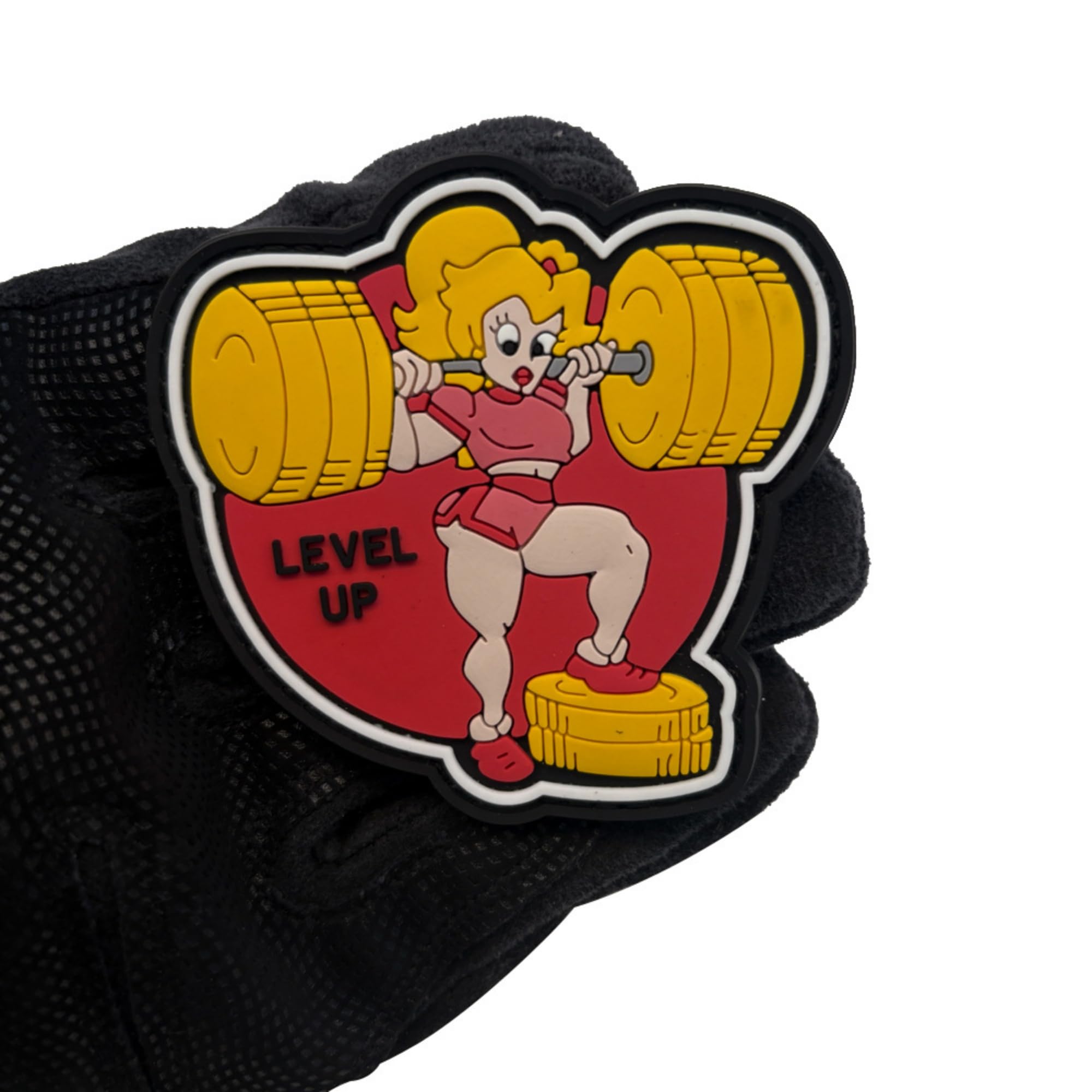 Glow in Dark Beauty Level Up Weightlifting PVC Morale Patches, Hook and Loop Backing Badges, 3.15 x 3.15 Inch, Red and Yellow - Image 3