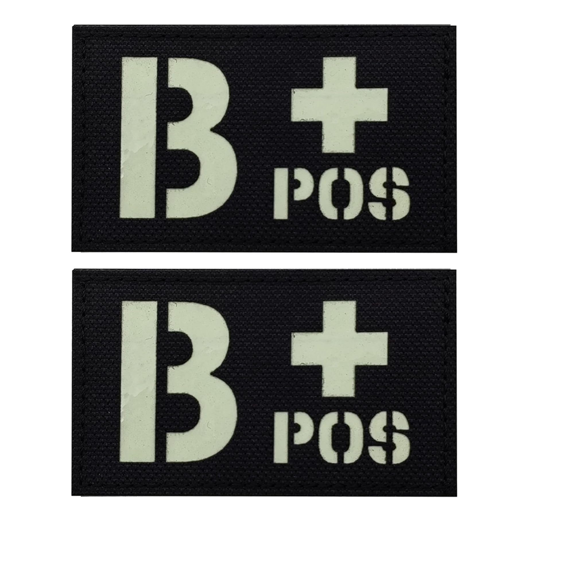 Glow-in-Dark Blood Type Medical Patches, B Positive, 3.35 x 1.97 Inch, Black, Hook and Loop Fastener Backing, 4-Pack