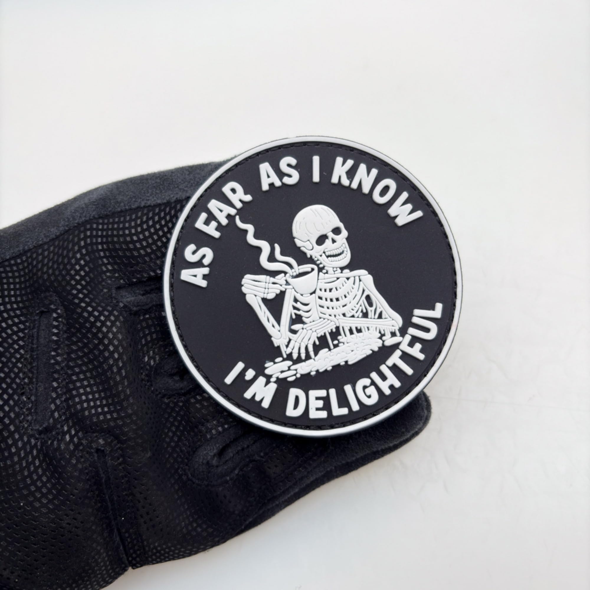 Glow in Dark Skeleton PVC Morale Patch, As Far As I Know, 3.15 Inch Round, Hook Fastener Backing - Image 5