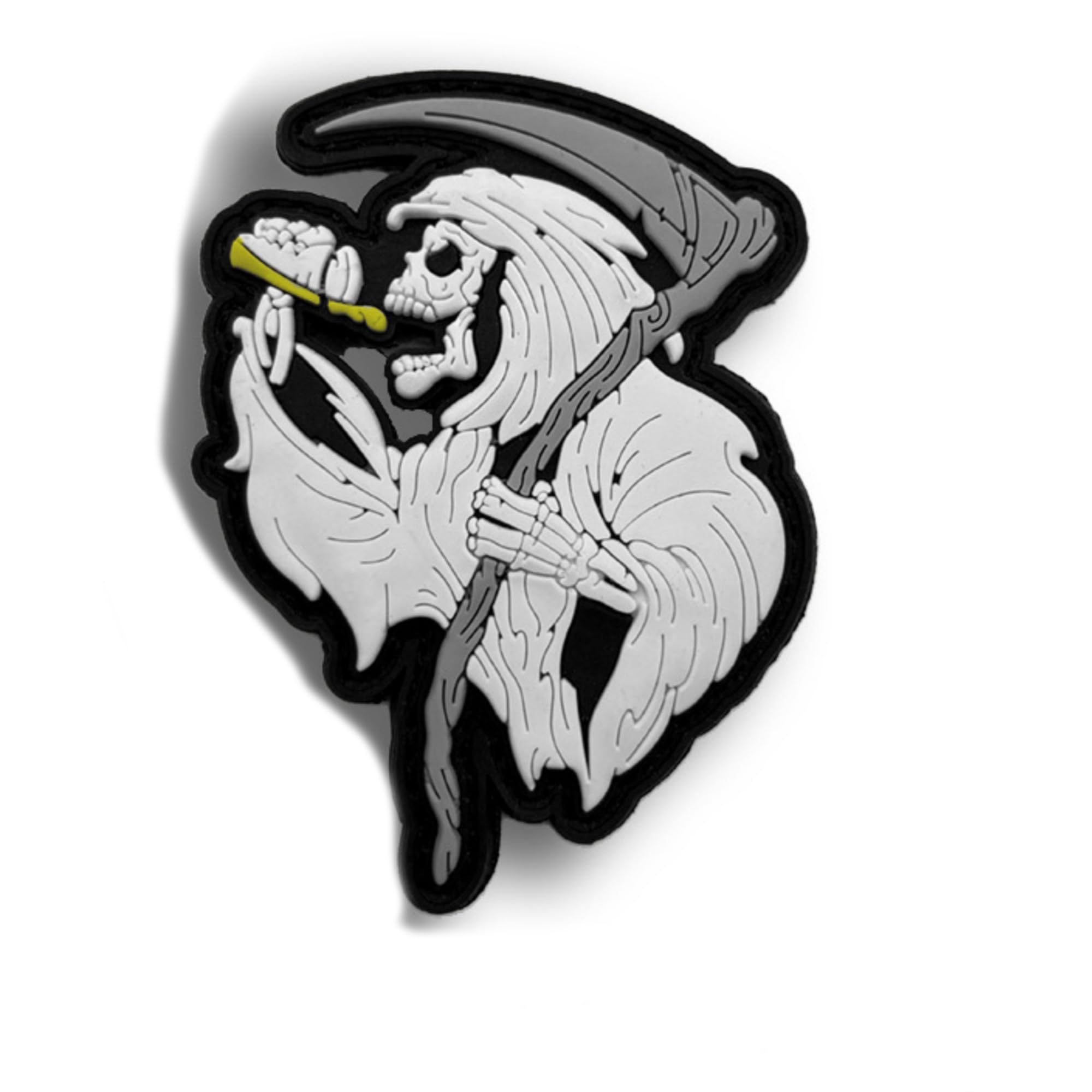 Glow-in-The-Dark Skull Reaper Morale Patch, PVC Rubber Halloween Badge, Hook and Loop Backing, White on Black, 2.56 x 3.35 inch