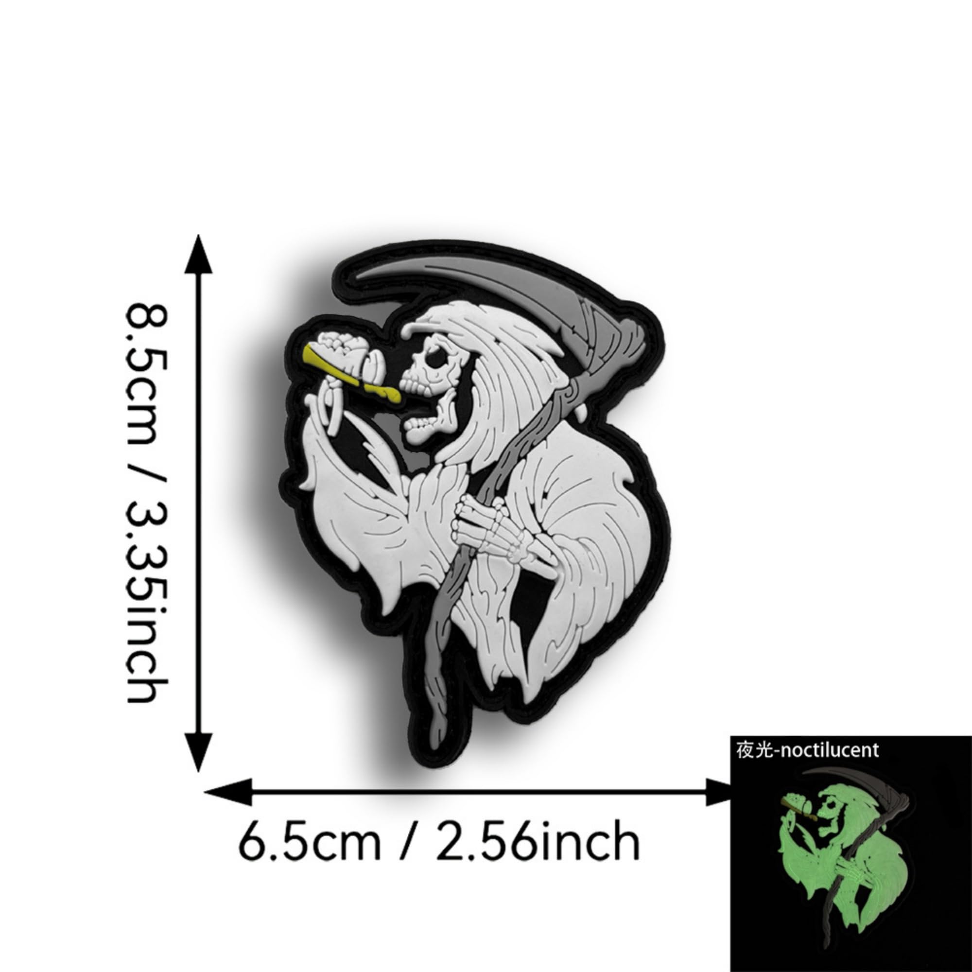 Glow-in-The-Dark Skull Reaper Morale Patch, PVC Rubber Halloween Badge, Hook and Loop Backing, White on Black, 2.56 x 3.35 inch - Image 2