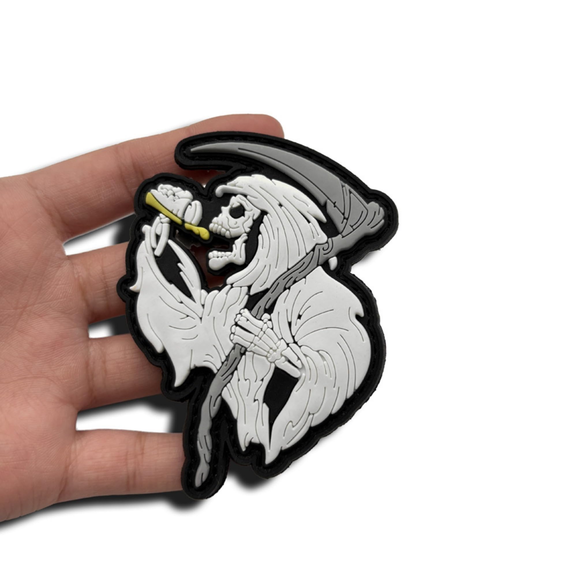 Glow-in-The-Dark Skull Reaper Morale Patch, PVC Rubber Halloween Badge, Hook and Loop Backing, White on Black, 2.56 x 3.35 inch - Image 3