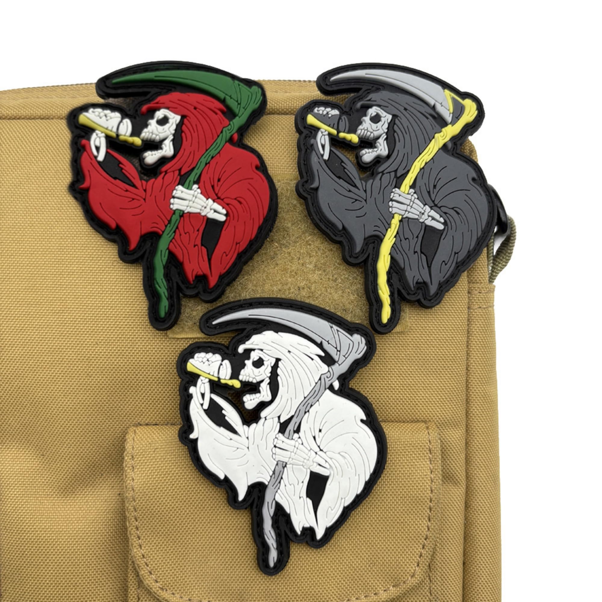 Glow-in-The-Dark Skull Reaper Morale Patch, PVC Rubber Halloween Badge, Hook and Loop Backing, White on Black, 2.56 x 3.35 inch - Image 4