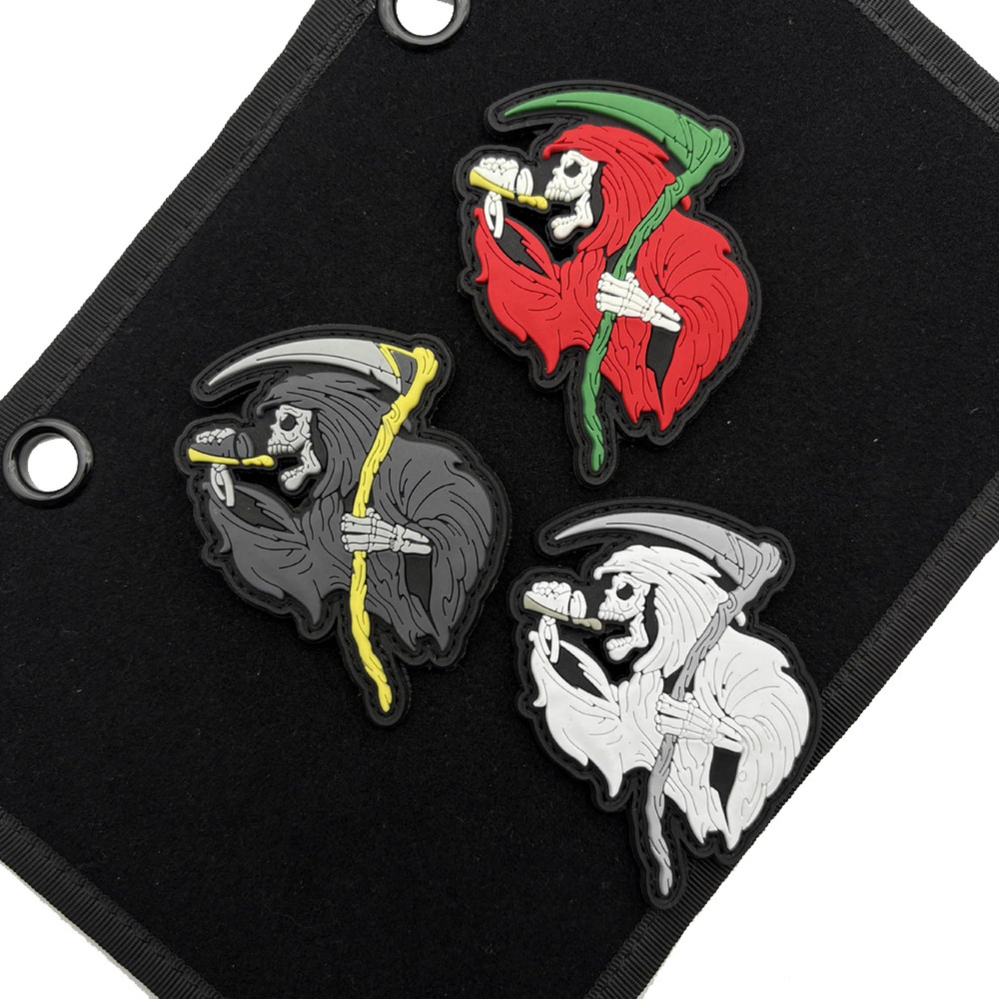 Glow-in-The-Dark Skull Reaper Morale Patch, PVC Rubber Halloween Badge, Hook and Loop Backing, White on Black, 2.56 x 3.35 inch - Image 5