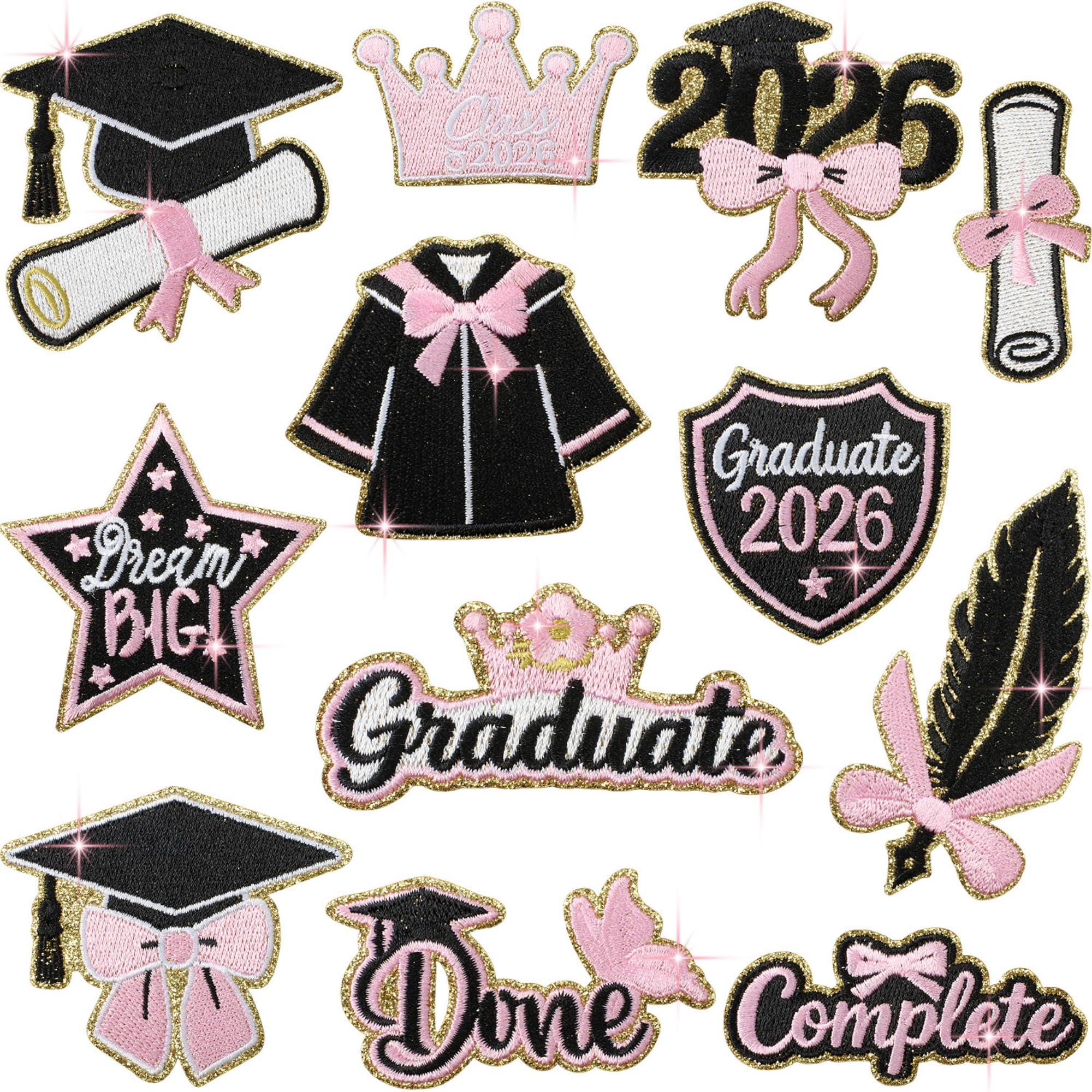 Graduation Embroidered Iron-On Patches 2026, Pink and Black, Graduate Theme, Bag and Clothing Decoration, 12 Pieces