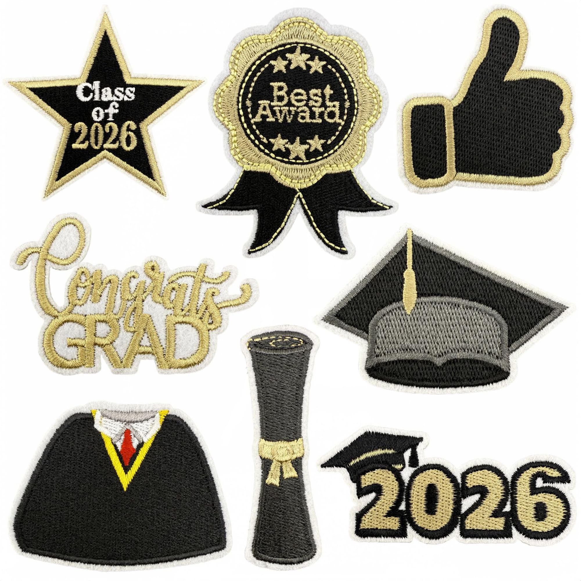 Graduation Iron-on Patches, Class of 2026, Black and Gold Embroidered Appliques, 8 Pieces