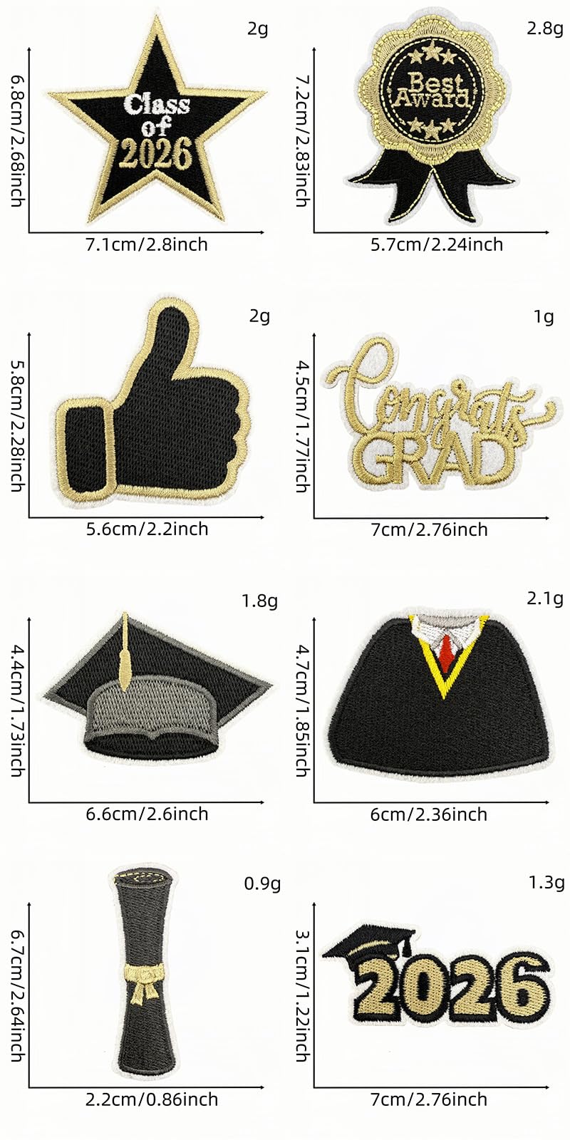 Graduation Iron-on Patches, Class of 2026, Black and Gold Embroidered Appliques, 8 Pieces - Image 2