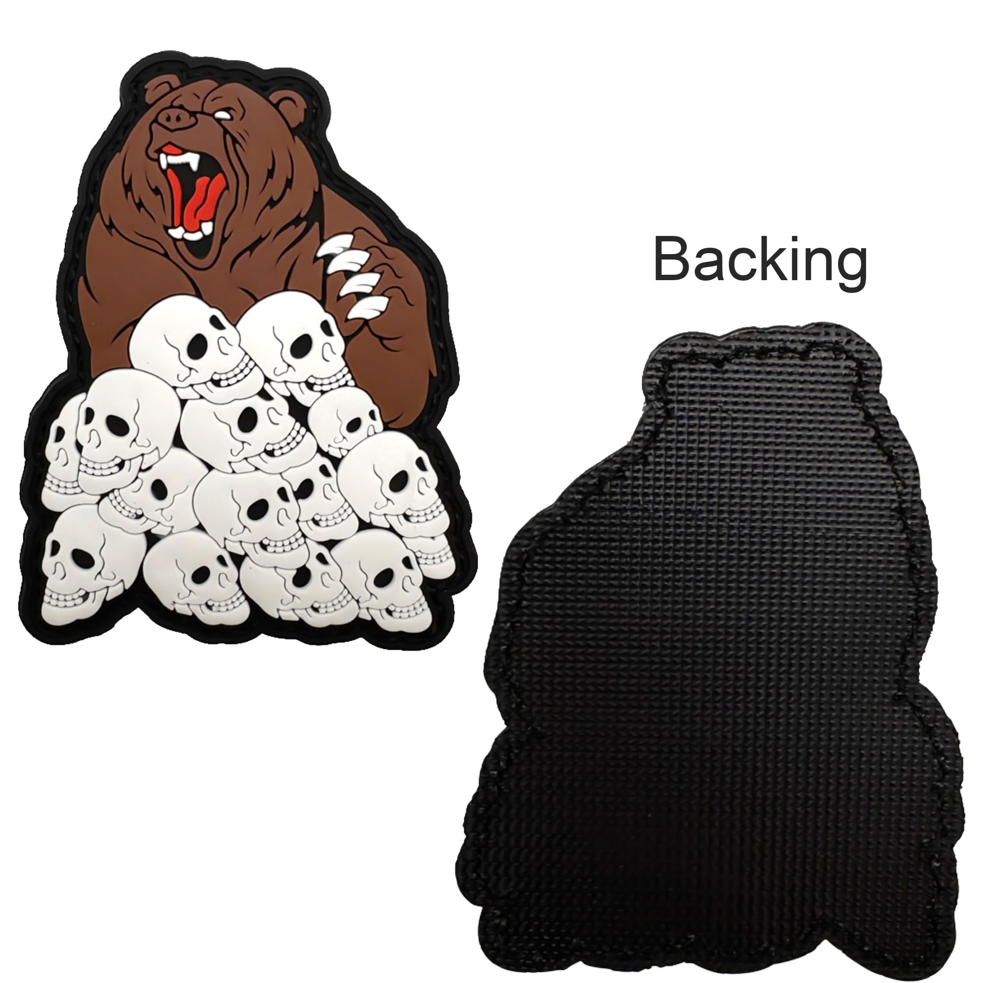 Humans Beware Tactical Morale PVC Patches, Grumpy Brown Bear with Skulls Design, Glow in Dark, Hook and Loop Backing, 3.35 x 2.68 Inches - Image 2