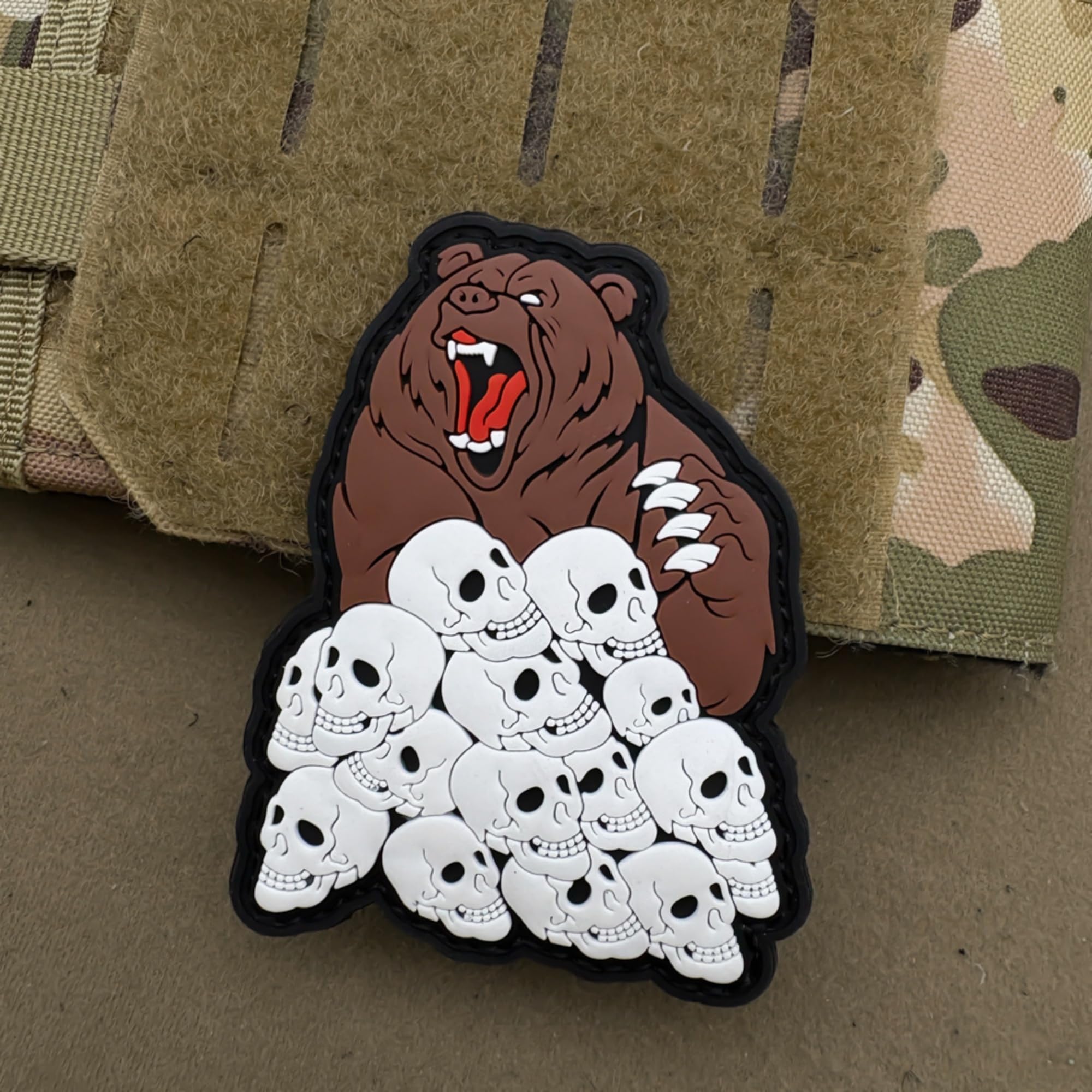 Humans Beware Tactical Morale PVC Patches, Grumpy Brown Bear with Skulls Design, Glow in Dark, Hook and Loop Backing, 3.35 x 2.68 Inches - Image 4