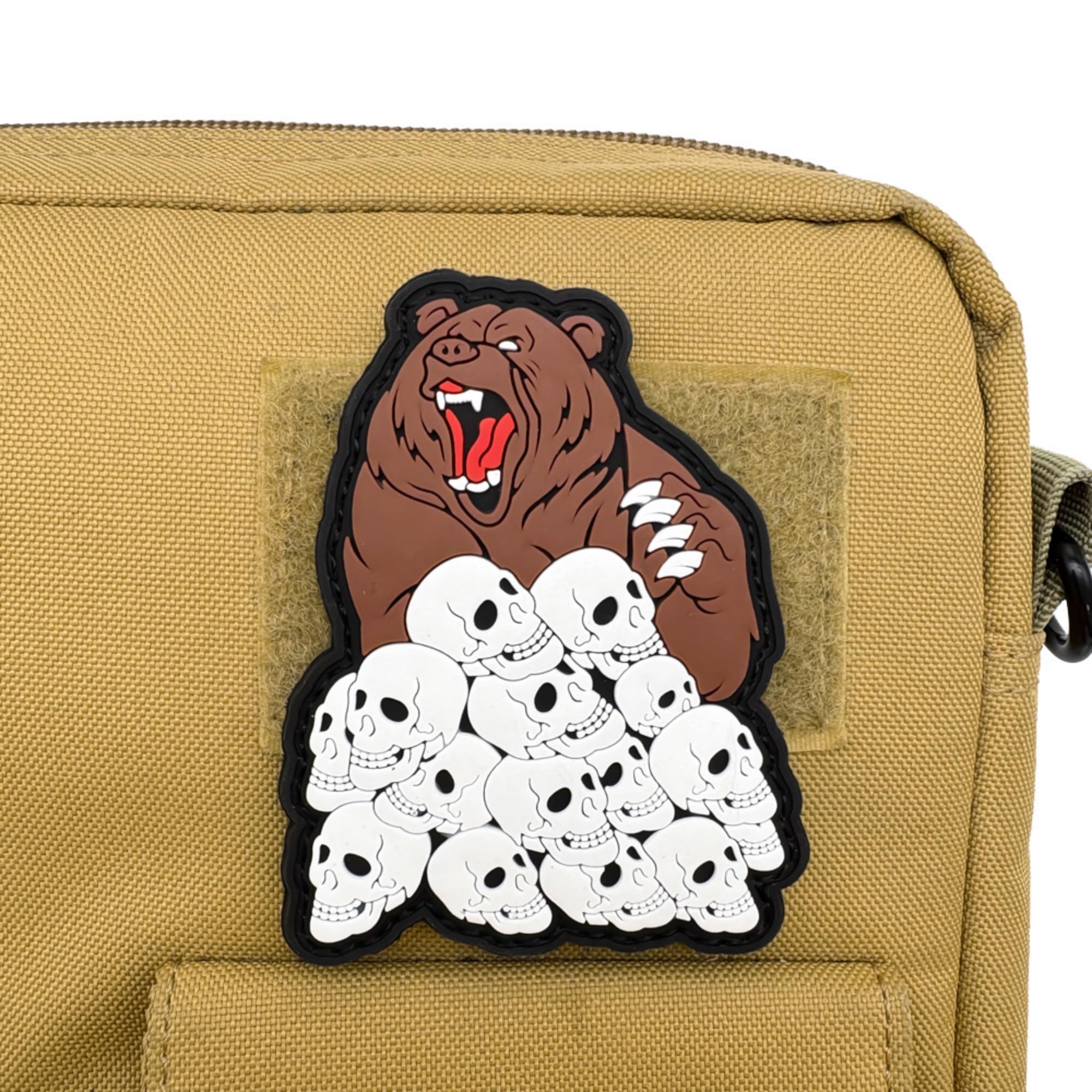 Humans Beware Tactical Morale PVC Patches, Grumpy Brown Bear with Skulls Design, Glow in Dark, Hook and Loop Backing, 3.35 x 2.68 Inches - Image 5