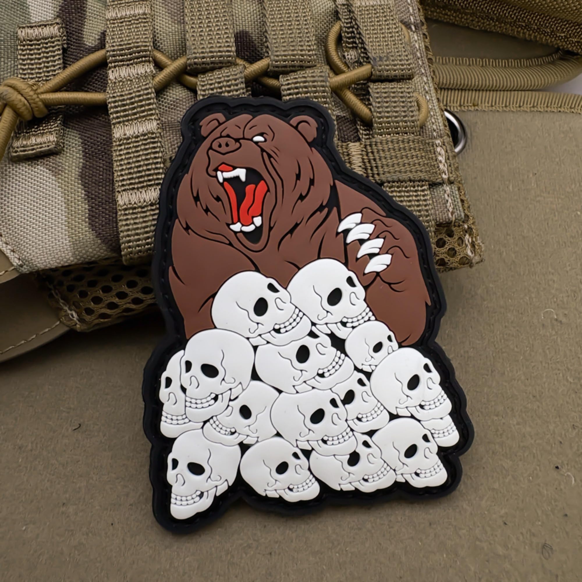 Humans Beware Tactical Morale PVC Patches, Grumpy Brown Bear with Skulls Design, Glow in Dark, Hook and Loop Backing, 3.35 x 2.68 Inches - Image 6
