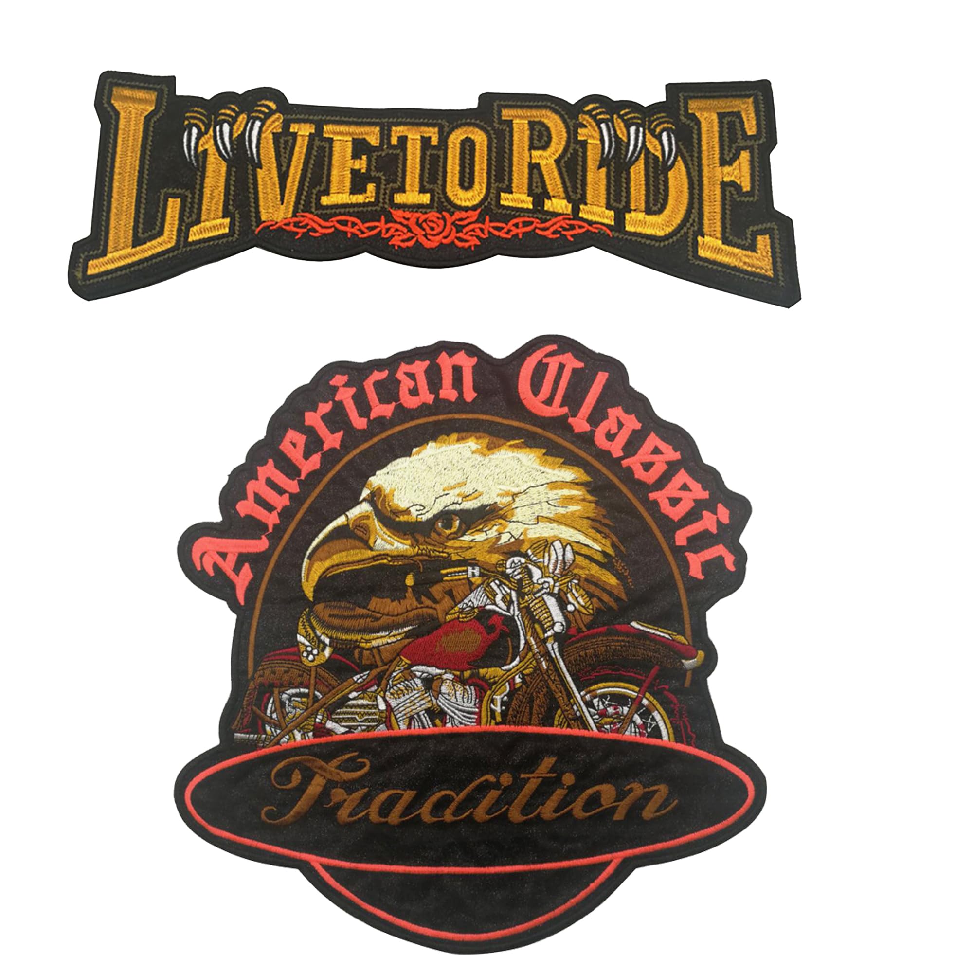 Large Embroidered Motorcycle Patches Set, Fabric Sew on Appliques, Live to Ride Design, American Classic Tradition, 2-Pieces