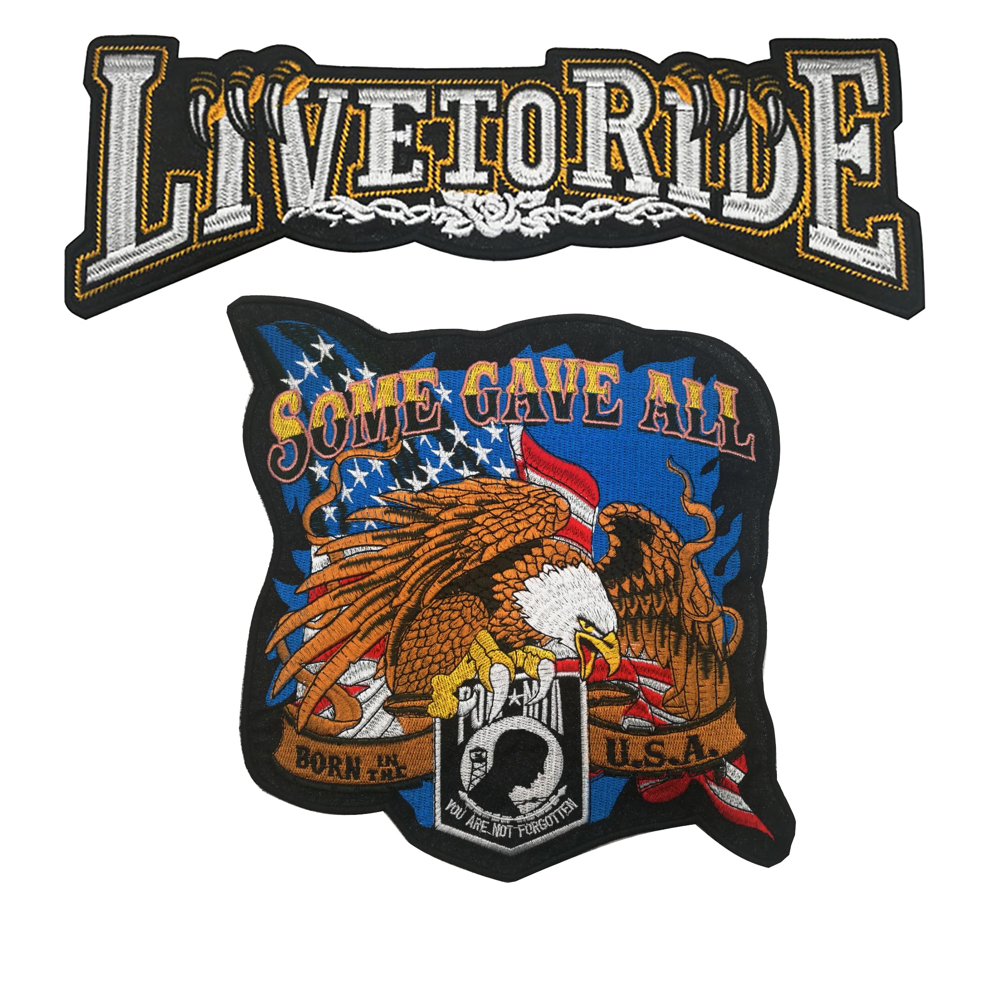 Large Embroidered Motorcycle Patches Set, Fabridc Sew on Appliques, Eagle POW MIA Design, Patriotic American Flag Theme, Live to Ride